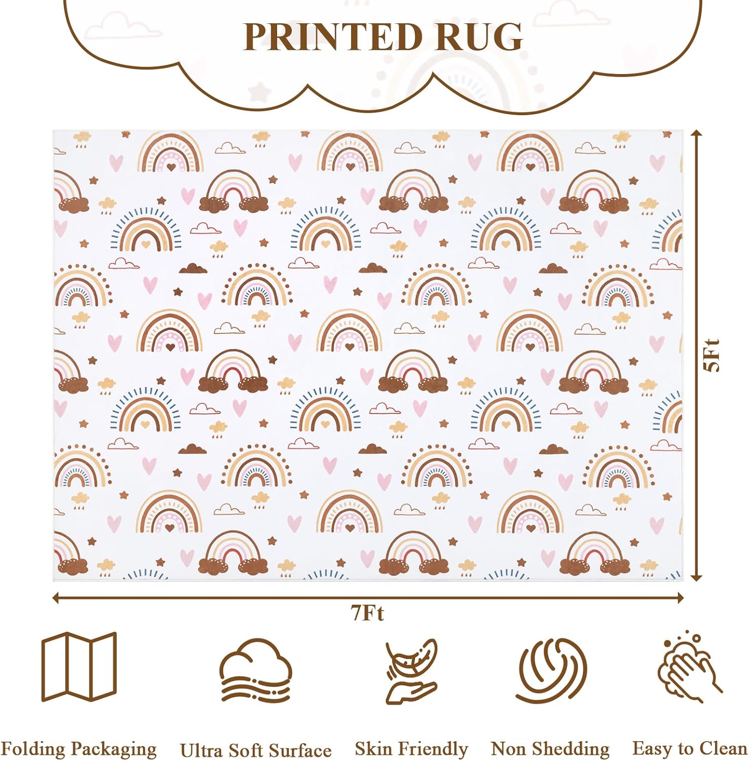 5x7 Area Rug for Kids Room, Fluffy Soft Decorative Floor Mat, Rainbow Washable Low Pile Area Rugs for Living Room,Girls Room, Nursery, Daycare (5'x7', Beige Rainbow)