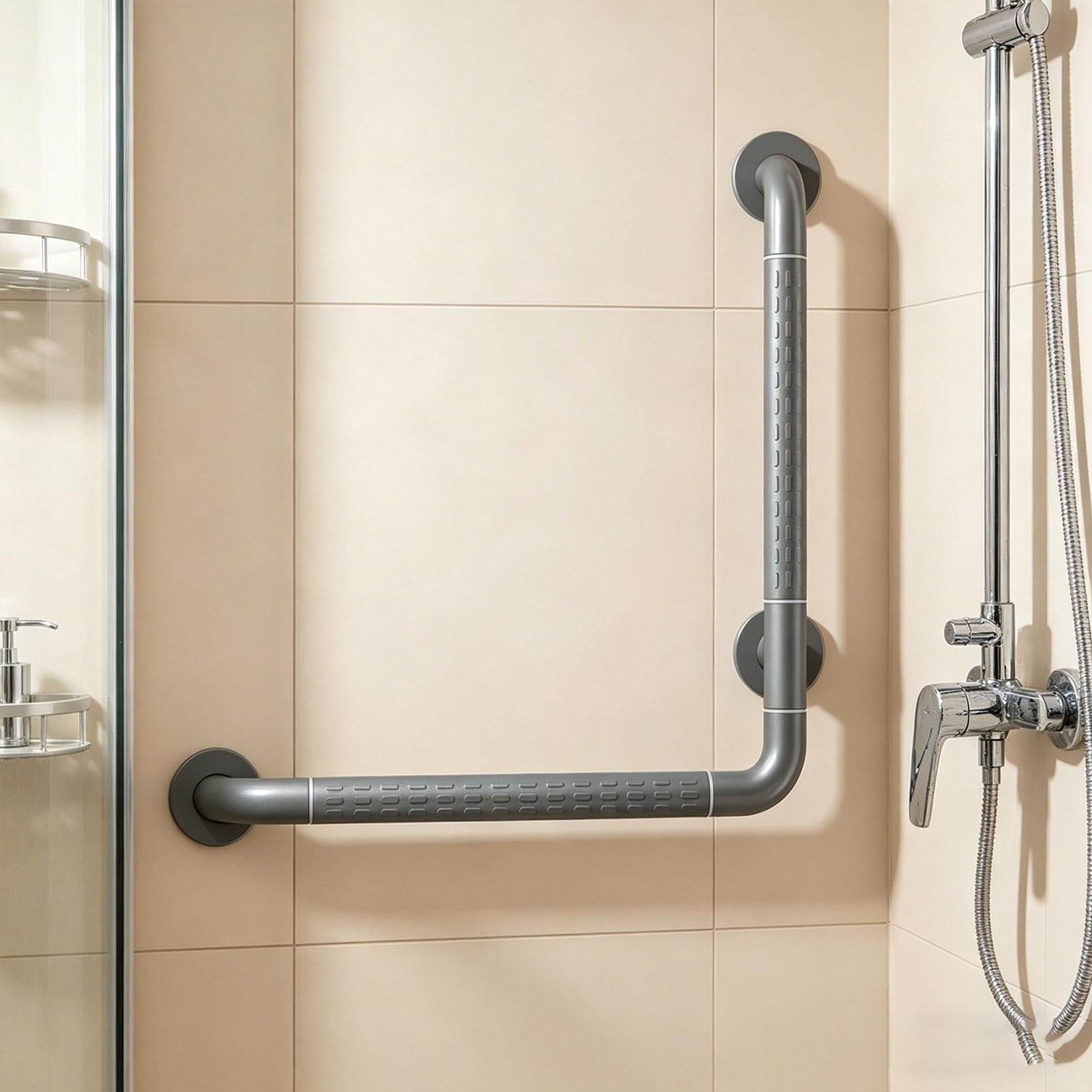 FKXSXAZ Shower Grab Bars for Elderly, L-Shaped Bathroom Supporting Balance Handrails, 17.71in 23.62in 27.55in Stainless Steel Handle with Night Glow Ring, 200kg Load Bearing(50x70cm/19.68x