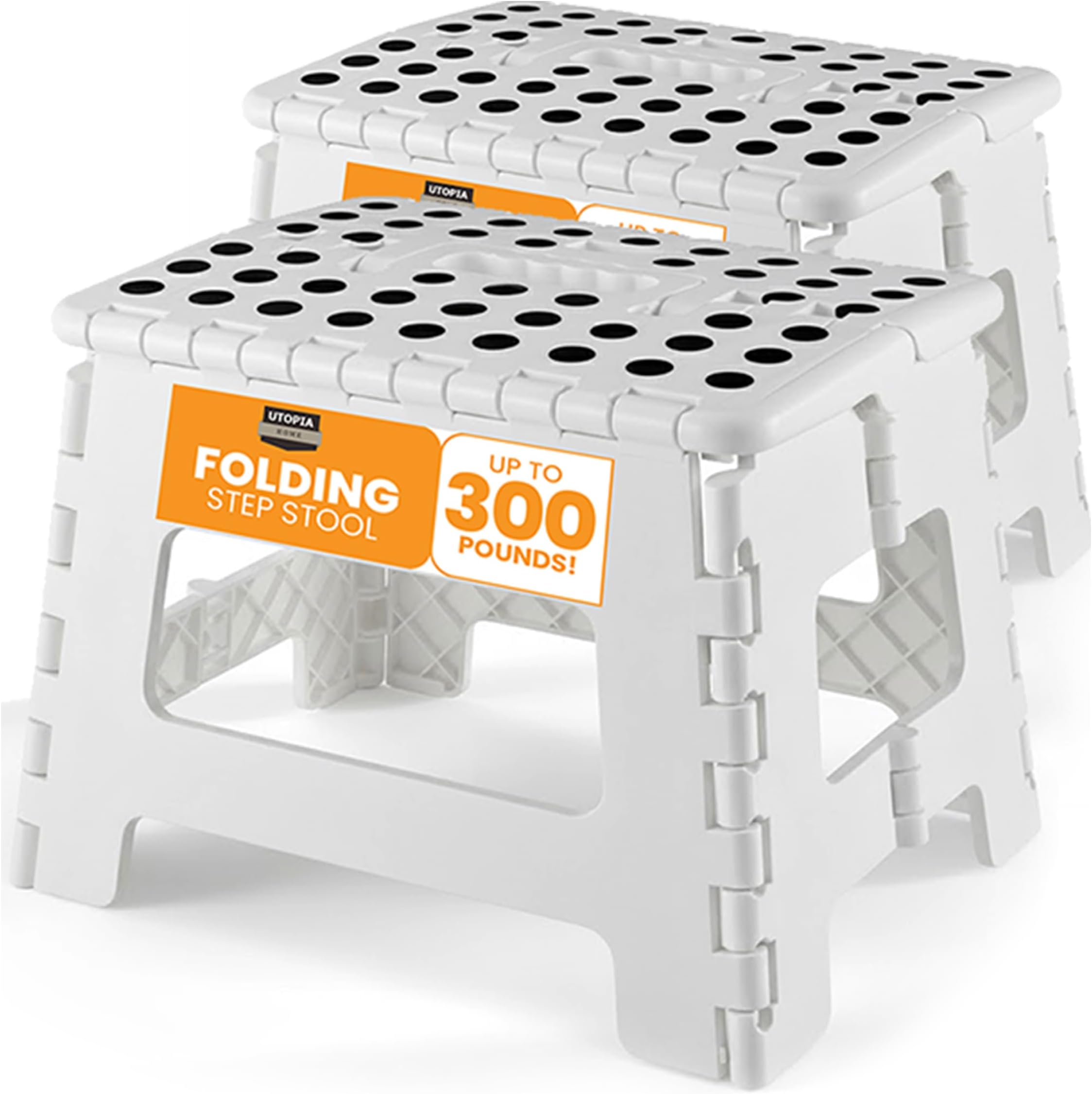 Utopia Home Folding Step Stool with Handle – 9 Inch Anti Slip Collapsible Stool – Holds Up to 300 lbs – Sturdy Plastic Step Stool Foldable for Kitchen, Bathroom and Home Use (2-Pack, White)