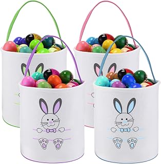 4 Pieces Easter Bunny Basket Egg Bags for Kids Cloth Tote Bags Canvas Cotton Empty Personalized Candy Egg Basket Bunny Print Buckets Carrying Presents and Eggs Hunt Bag Toys Bucket Boys Girls