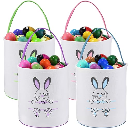 4 piezas de cesta de conejo de Pascua, bolsas de tela de algodón vacía personalizada para huevos de caramelo, cubos de impresión de conejo, regalos