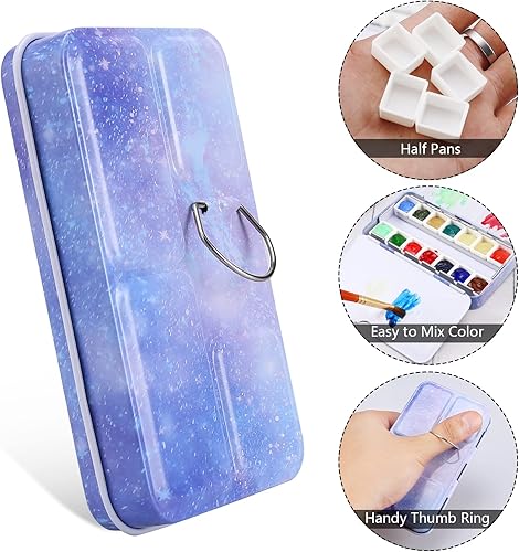 Miniatura 3 de LOONENG Paleta de acuarela vacía, lata de acuarela vacía con paleta plegable, pequeña paleta de bandeja de acuarela morada con 14 medias bandejas