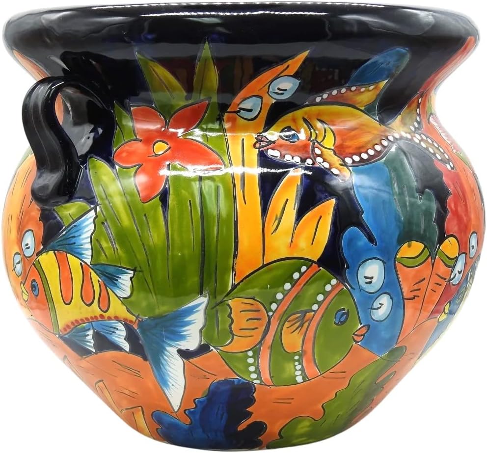 Michoacana Planter Medium Hand Painted Pot Indoor Outdoor Multi Colored Glazed Dark Blue Fish