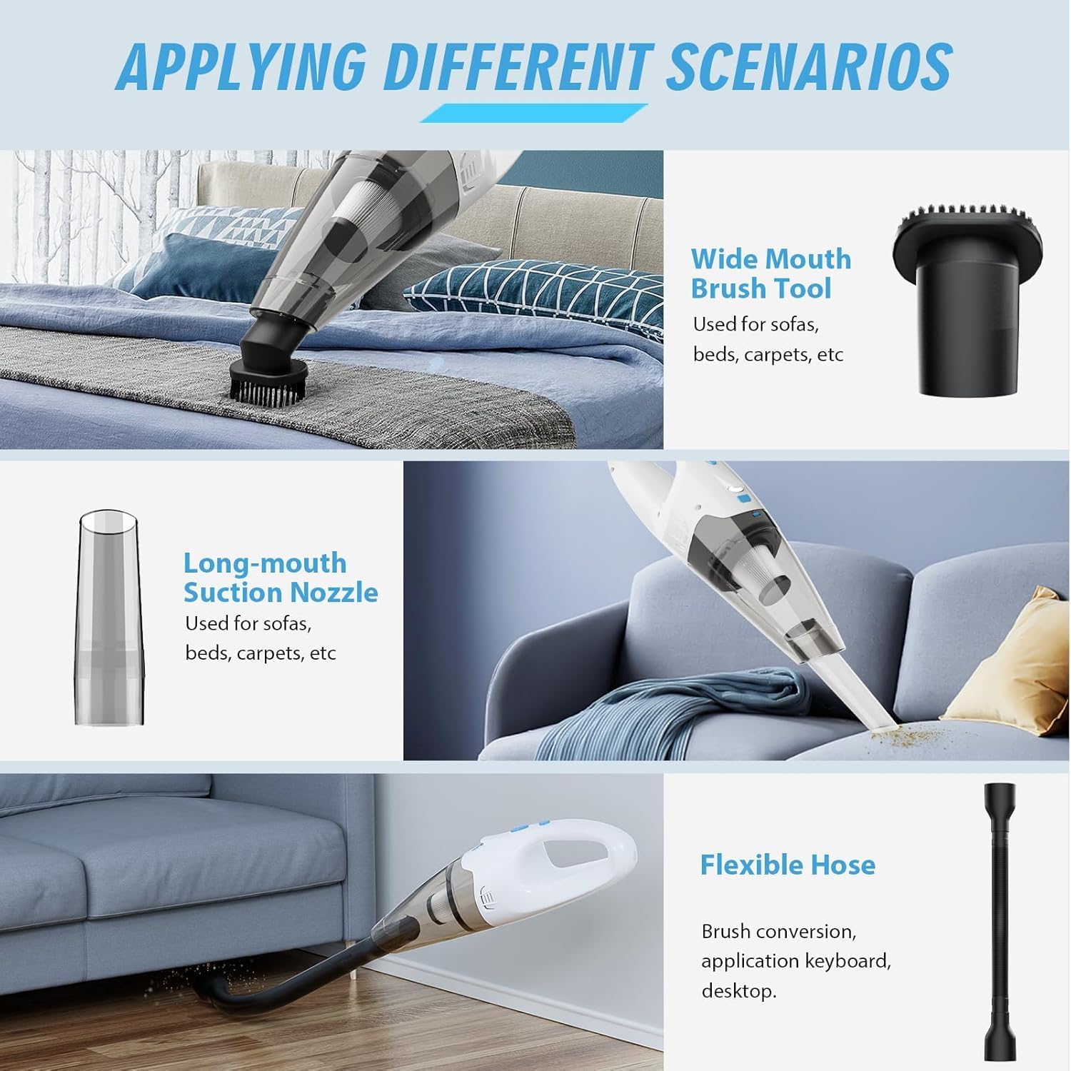 FUOAYOC Handheld Vacuum Cordless,Car Cordless Rechargeable, 6KPA Powerful Suction Hand Held Vacuum with LED Light/Multi Accessories, 1.6lbs Mini Portable Vacuum Cleaner for Home/Car/Office Cleaning