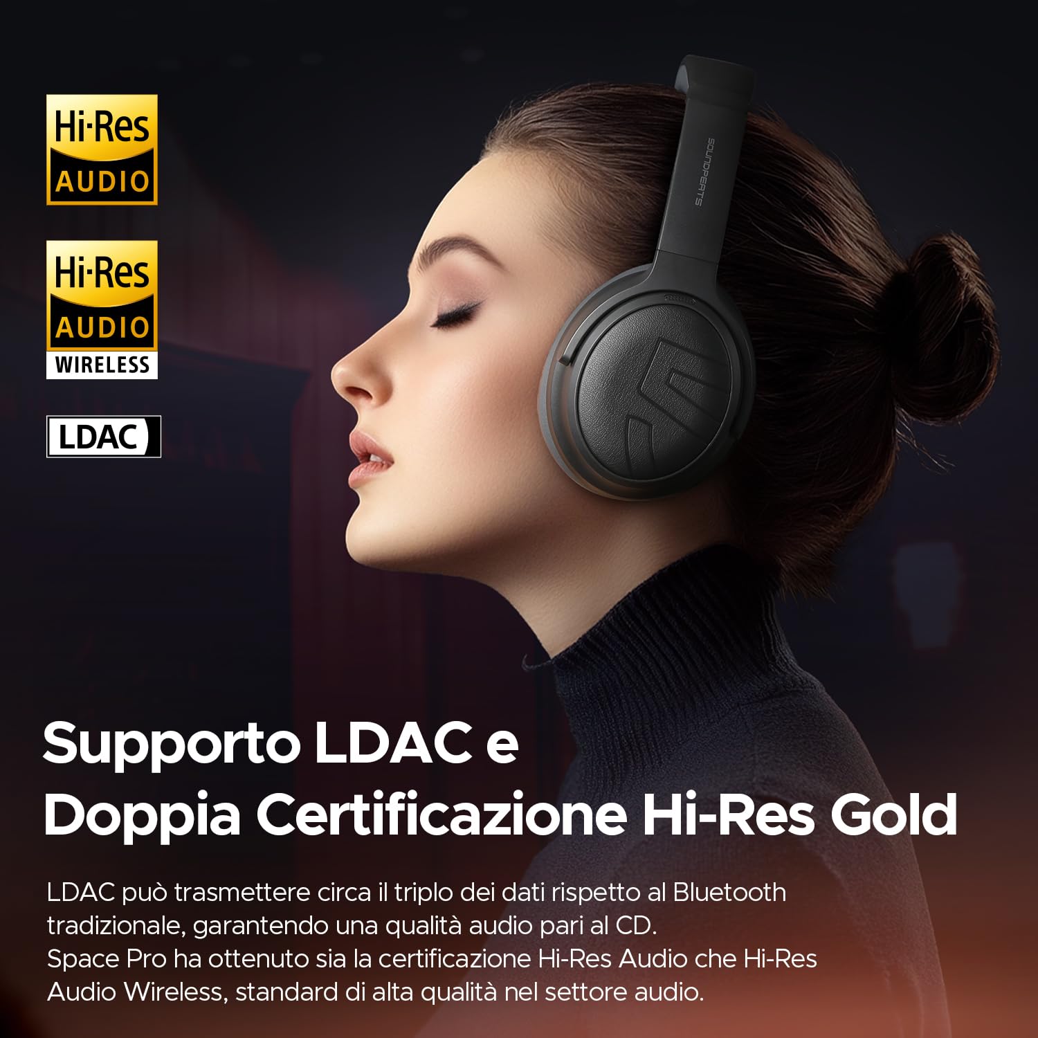 SoundPEATS Space Pro Cuffie Bluetooth 5.4 Over-Ear, Cancellazione Attiva del Rumore Ibrida, 151 Ore di Autonomia, LDAC Hi-Res Audio, Comode Regolabili, 282g, per Smart Working e Viaggi, Nero