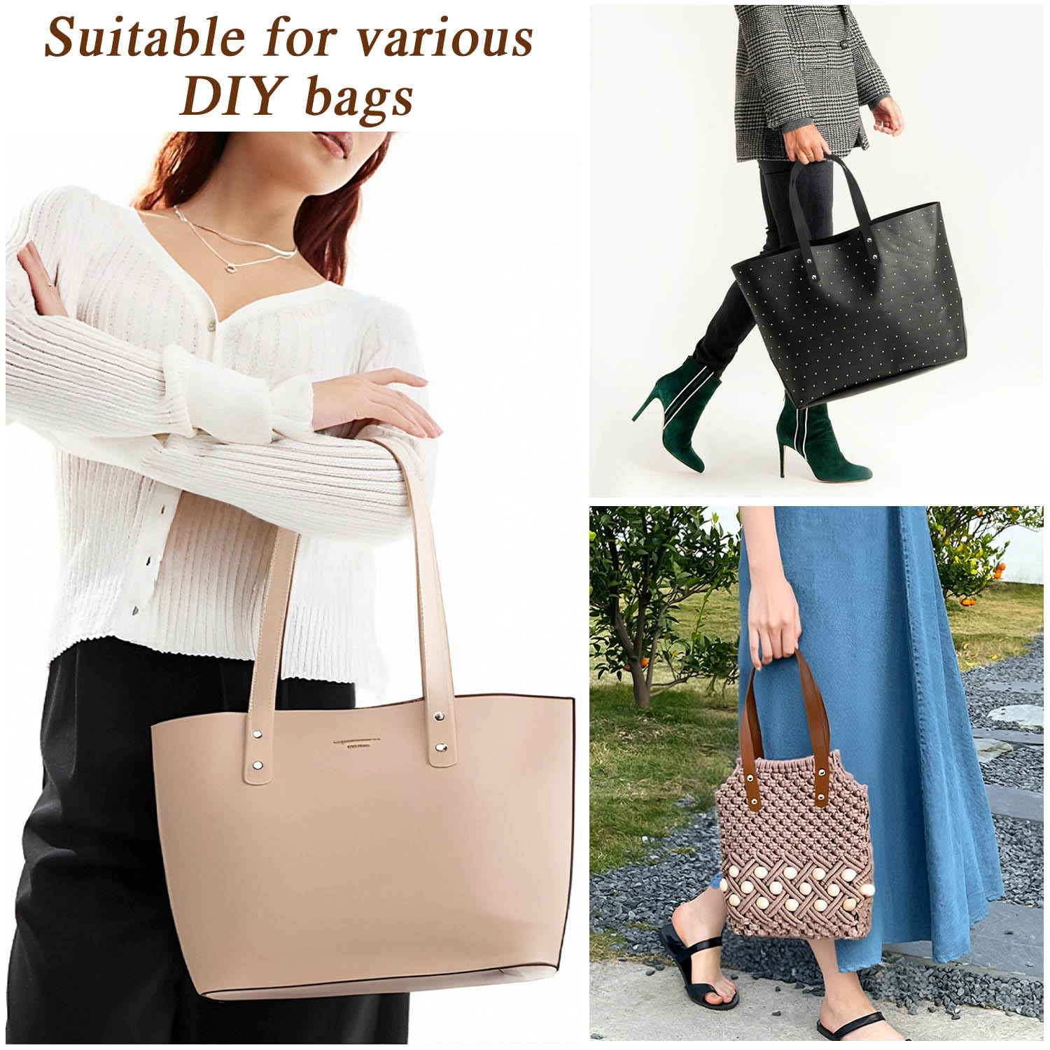 12 Piezas Asas de Bolsos, Asas de Cuero para Bolsos, Asas para Bolsos, Asas para Bolsos Crochet, Asa O Bag 60 cm con 48 Clavos para Bolso de Mano, Monedero, Correa de Bolso Bandoulière