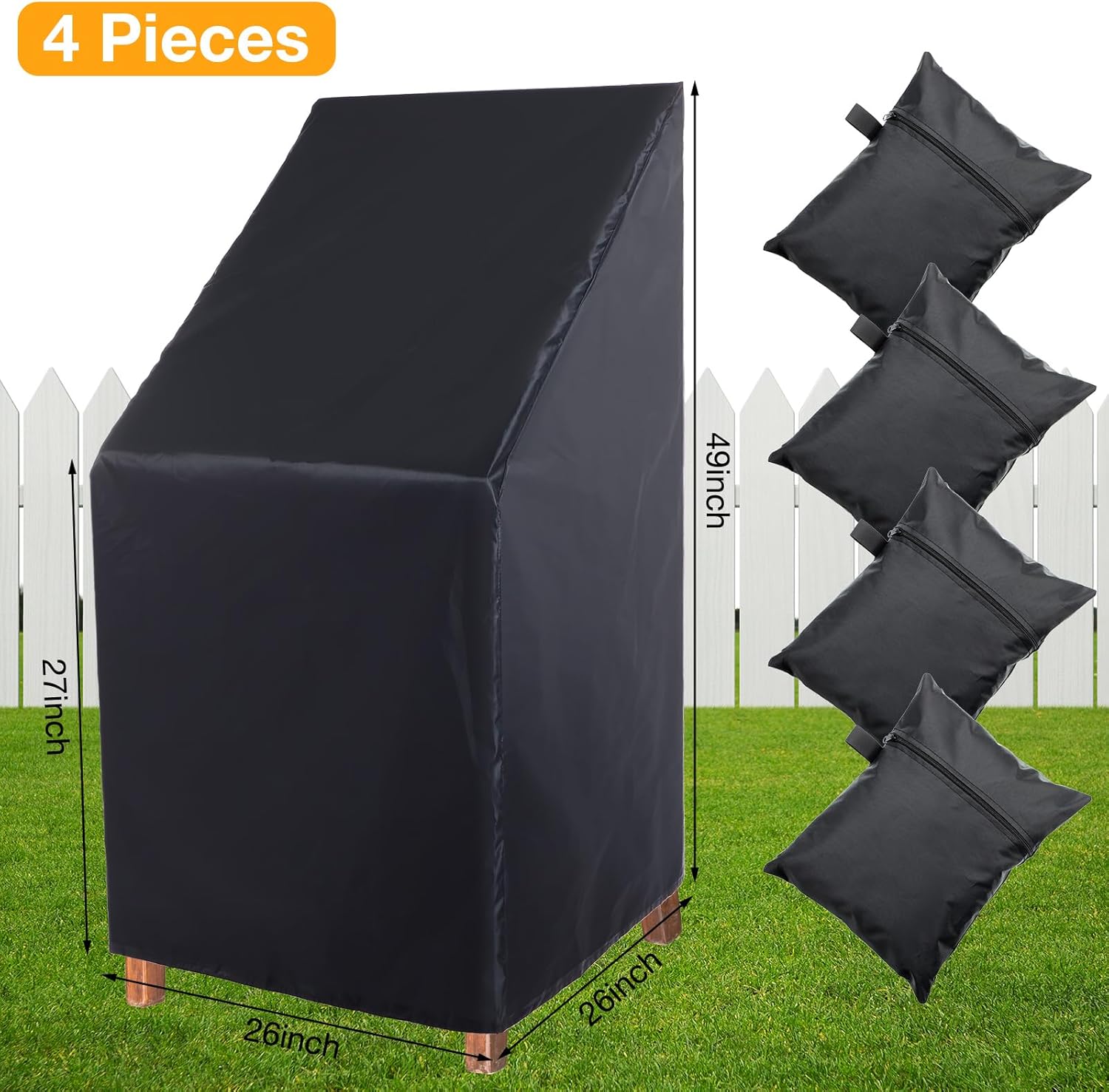 Tudomro 4 Pcs Stacking Outdoor Chair Covers Waterproof Black 210D Outdoor Patio Furniture Covers High Back Patio Chair Protection with Adjustable Hem Cord Weather Protection, 26 W x 26 D x 49 H Inch