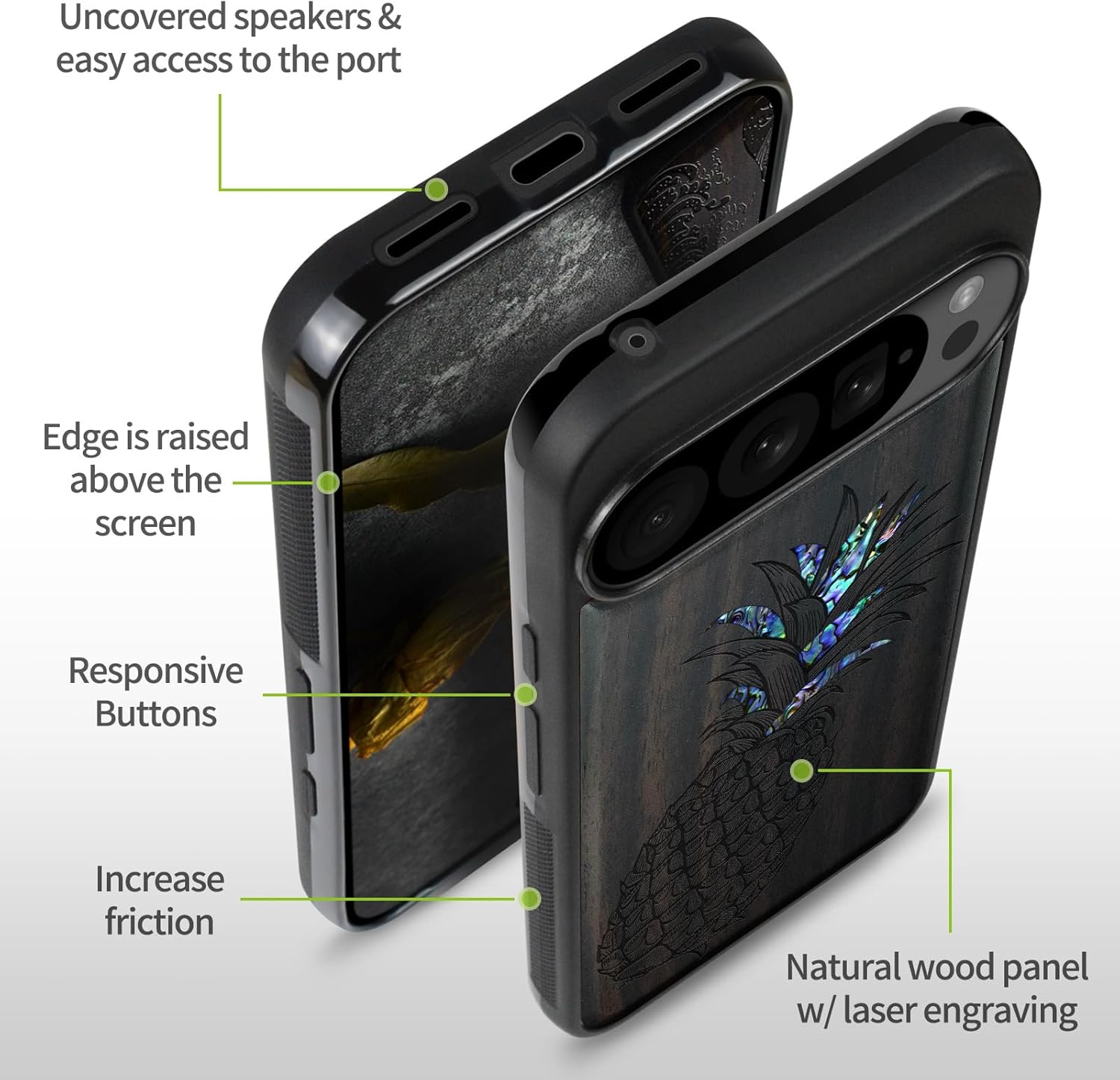 Carveit Magnetic Wooden Case for Pixel 10 / Pixel 10 Pro Case, Wood Artisan Engraved & Handmade Shell Inlaid, Compatible with MagSafe Wireless Chargers, Pineapple - Blackwood