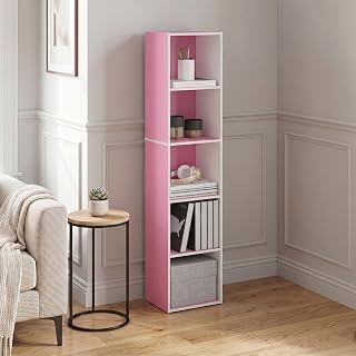 5-Tier Bookshelf, Cube Bookcase, Book Shelf, Cube Storage Organizer with Open Shelf, 9 x 12 x 52, for Home Office, Living Room, Bedroom, Pink/White
