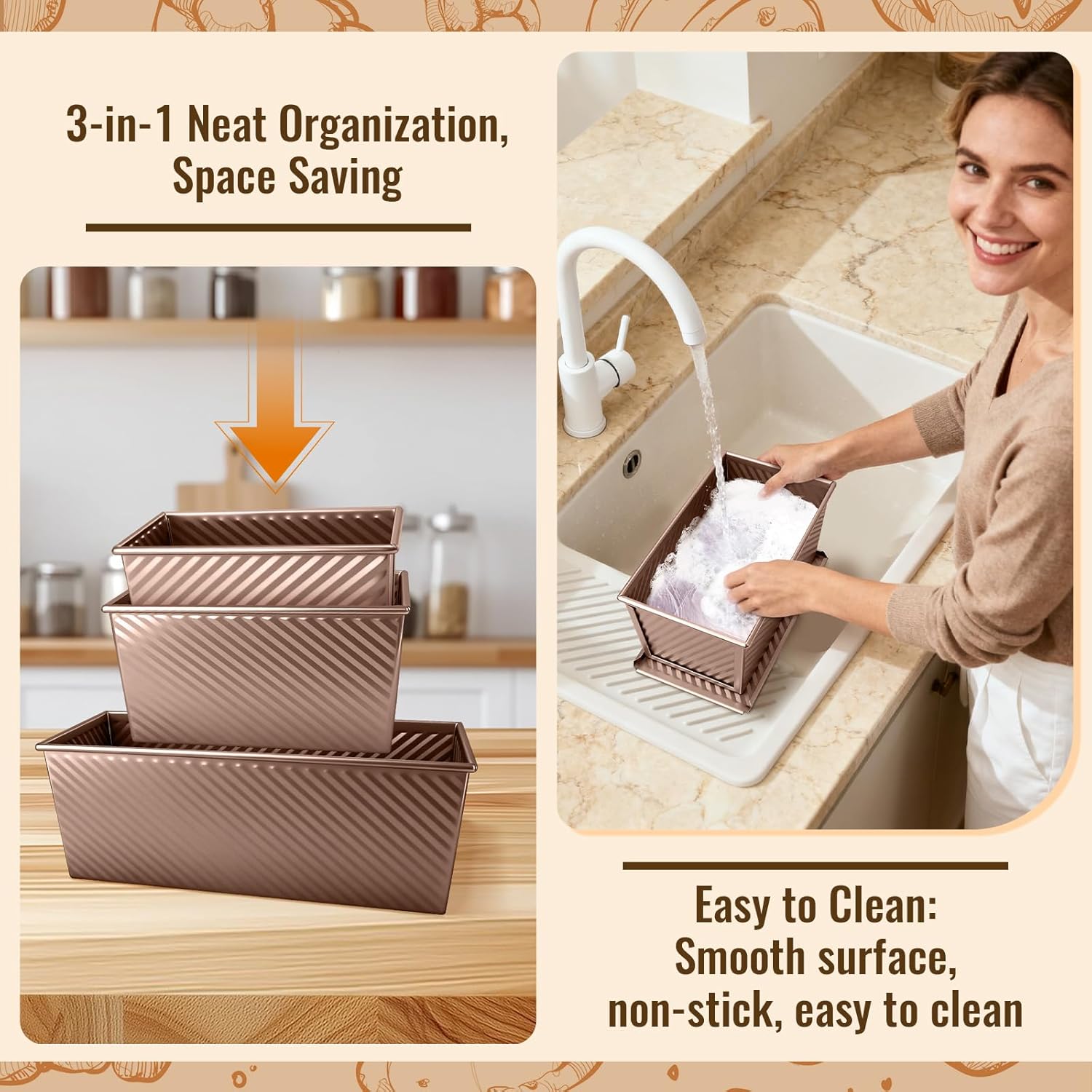 3 Pack Pullman Loaf Pans with Lids, 2.2LB 1LB 0.5LB Bread Pans, Non-stick Carbon Steel Bread Pans for Homemade Sandwich and Baking Sourdough Bread, Corrugated Toast Mold, Golden - Image 6