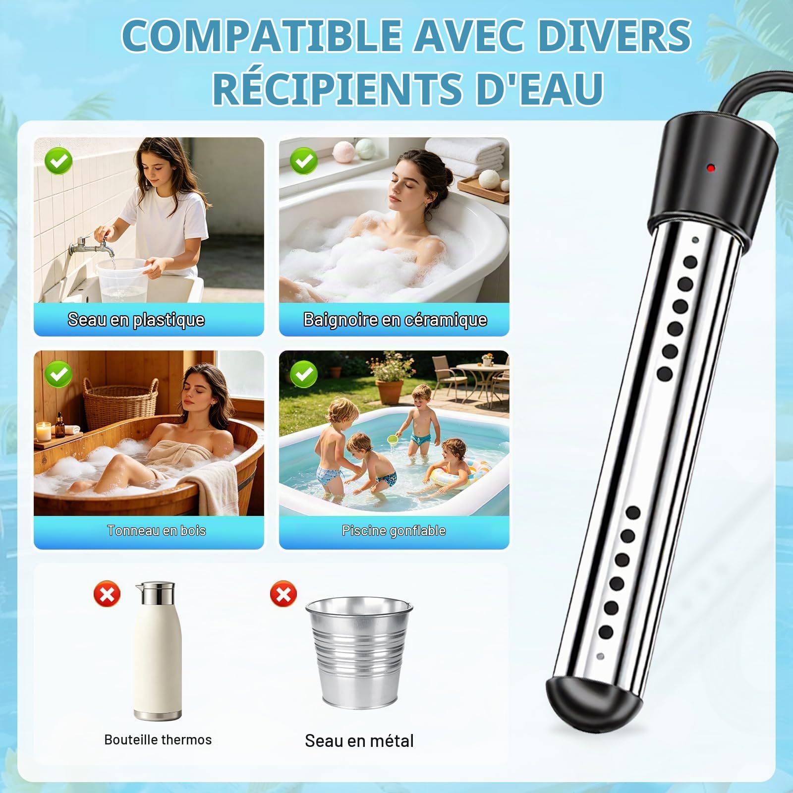 Douche de camping portable avec chauffage – Chauffage rapide 2000 W et batterie 6000 mAh