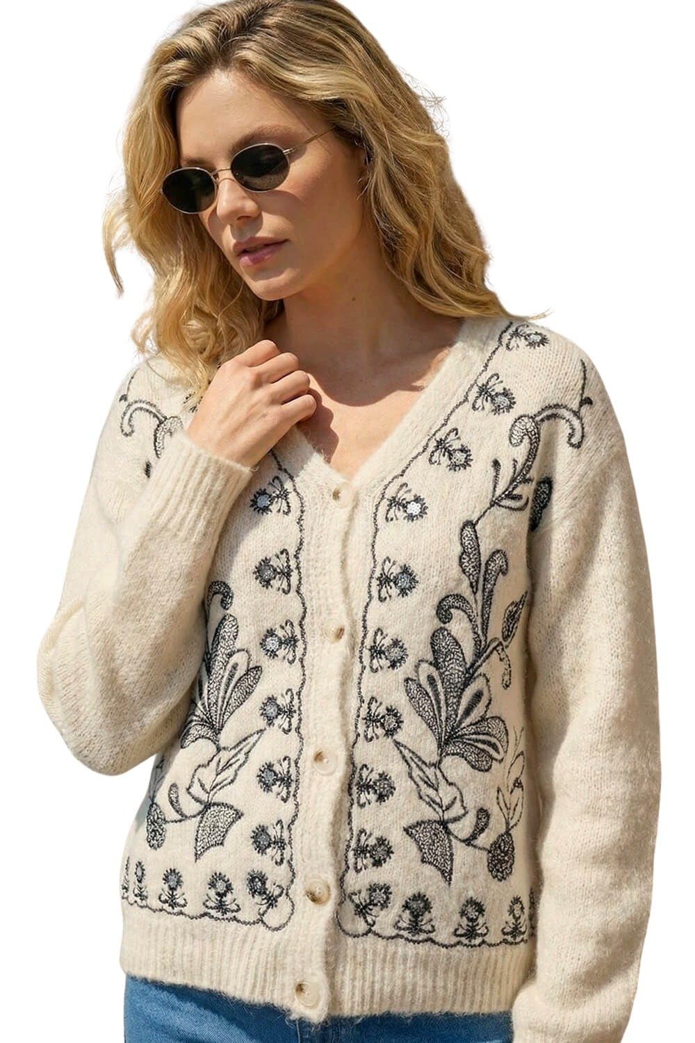Roman Originals Women's Ivory Abstract Embroidered Cardigan For Uk - Everyday Autumn Winter V-Neckline Comfy Soft Evening Vacation Work Party Night Out - Size One