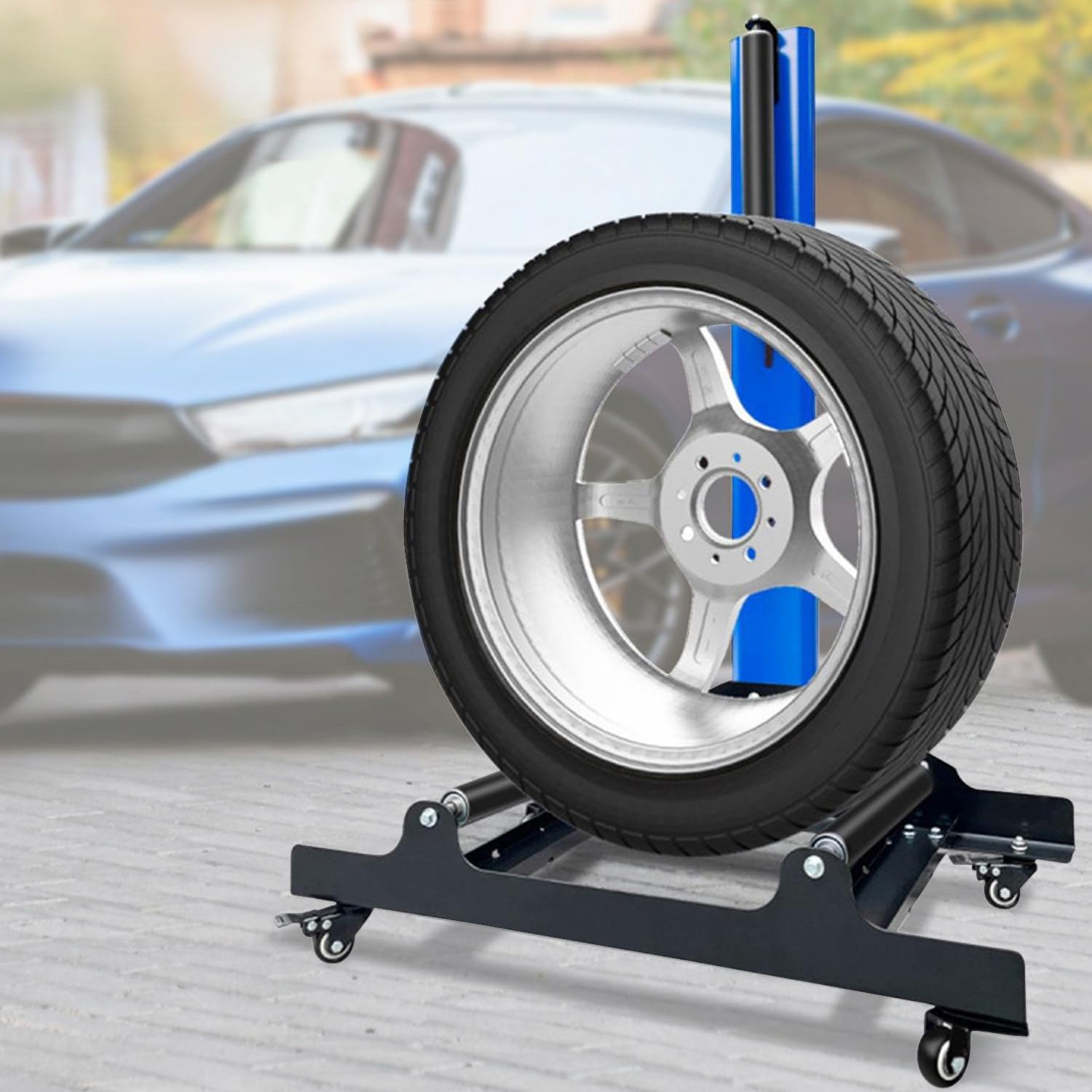 Soporte de detalles de rueda rodante de 360°, soporte de limpieza resistente con 3 rodillos de acero inoxidable para detalles de neumáticos en garajes y talleres de reparación de automóviles