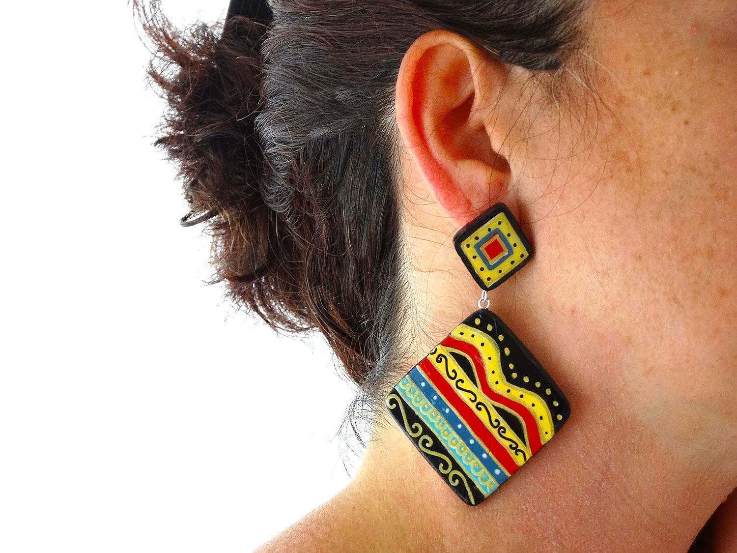 Boucles d'oreilles en céramique peintes à la main - MAJOLIQUE ABSTRAITE DE VIÉTRI - Boucles d'oreilles pendantes pour femme, Bijoux en céramique peinte, Crochet en argent, Fabriqué en Italie, Bijoux