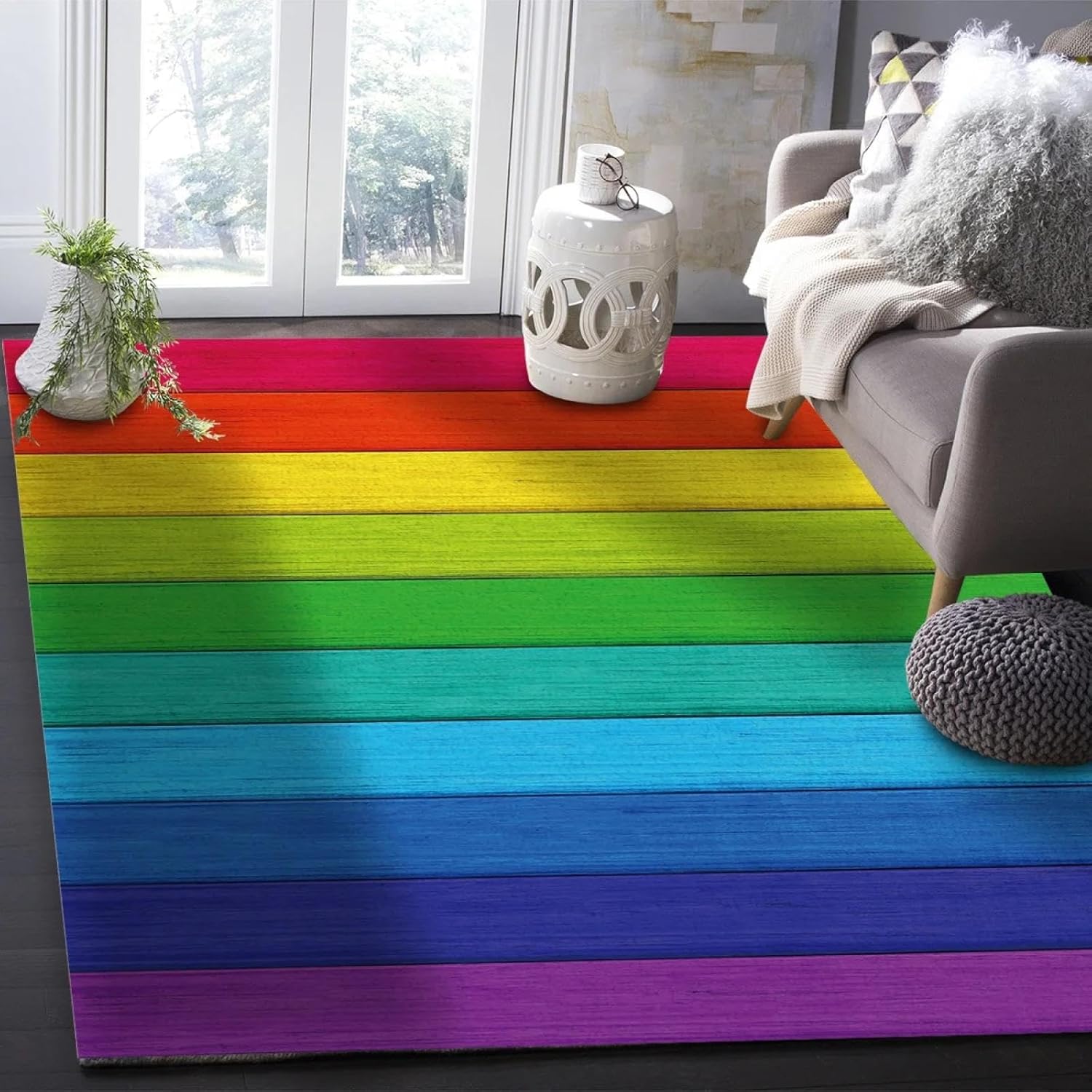 Rainbow Vintage Wood Grain Area Rug Living Room Floor Mat Children's Room Bedroom Bedside Carpet Kitchen Doormat 100x140cm
