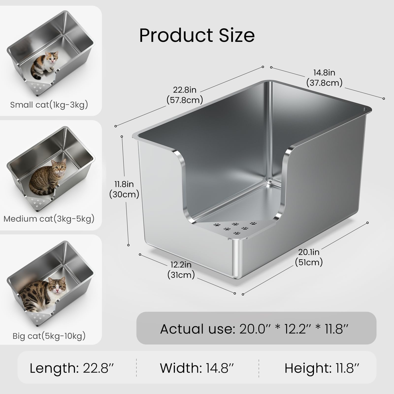 PTLOM Lebensmittelechtes Katzenklo Edelstahl XXL Katzentoilette 30CM hohe Seiten,Ecköffnung, mit Rädern, antihaftbeschichtet, geruchsneutral, für große/mehrere Katzen