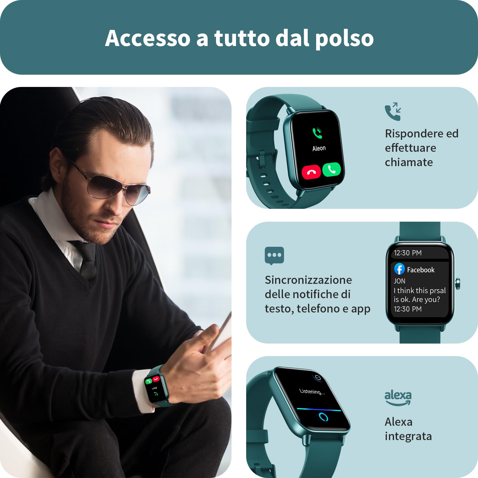 Smartwatch Uomo Rispondi/Effettua Chiamate e Alexa, 1.8" Orologio Smartwatch SpO2/Frequenza Cardiaca/Sonno/Stress, Contacalorie/Passi/Distanza, 120 Modalità Sport, Orologio Fitness IP68 Regalo Uomo