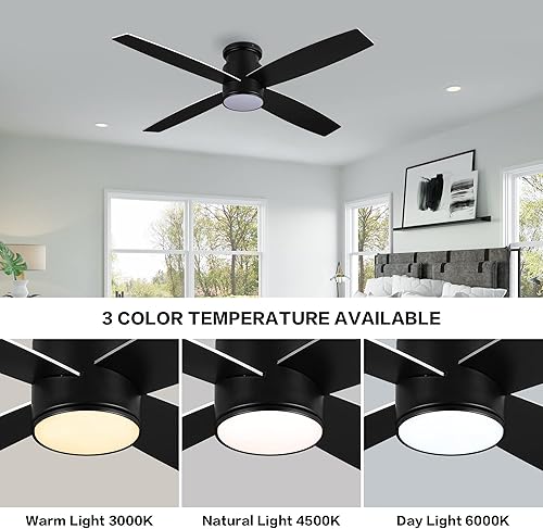 Miniatura 6 de WINGBO Ventilador de techo CC de montaje empotrado de 44 pulgadas con luces y control remoto, 4 aspas reversibles, motor de CC ultra silencioso de 6