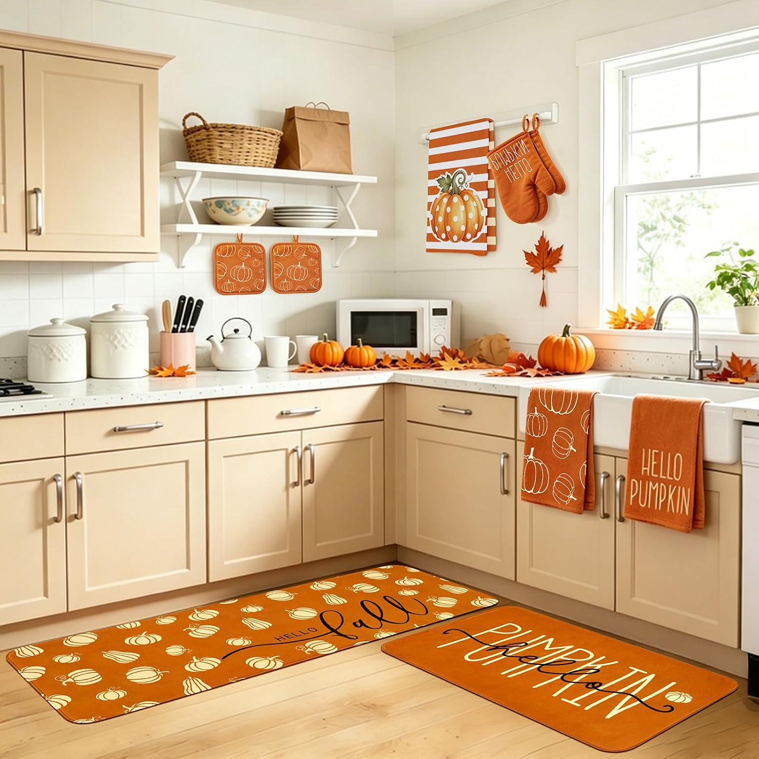 JarThenaAMCS 10Pcs Fall Pumpkin Kitchen Decor Accessories Set 4 Dish Towels 2 Potholders 2 Kitchen Rugs 2 Oven Mitts for Cooking Baking Autumn Harvest Thanksgiving Party Favors Supplies
