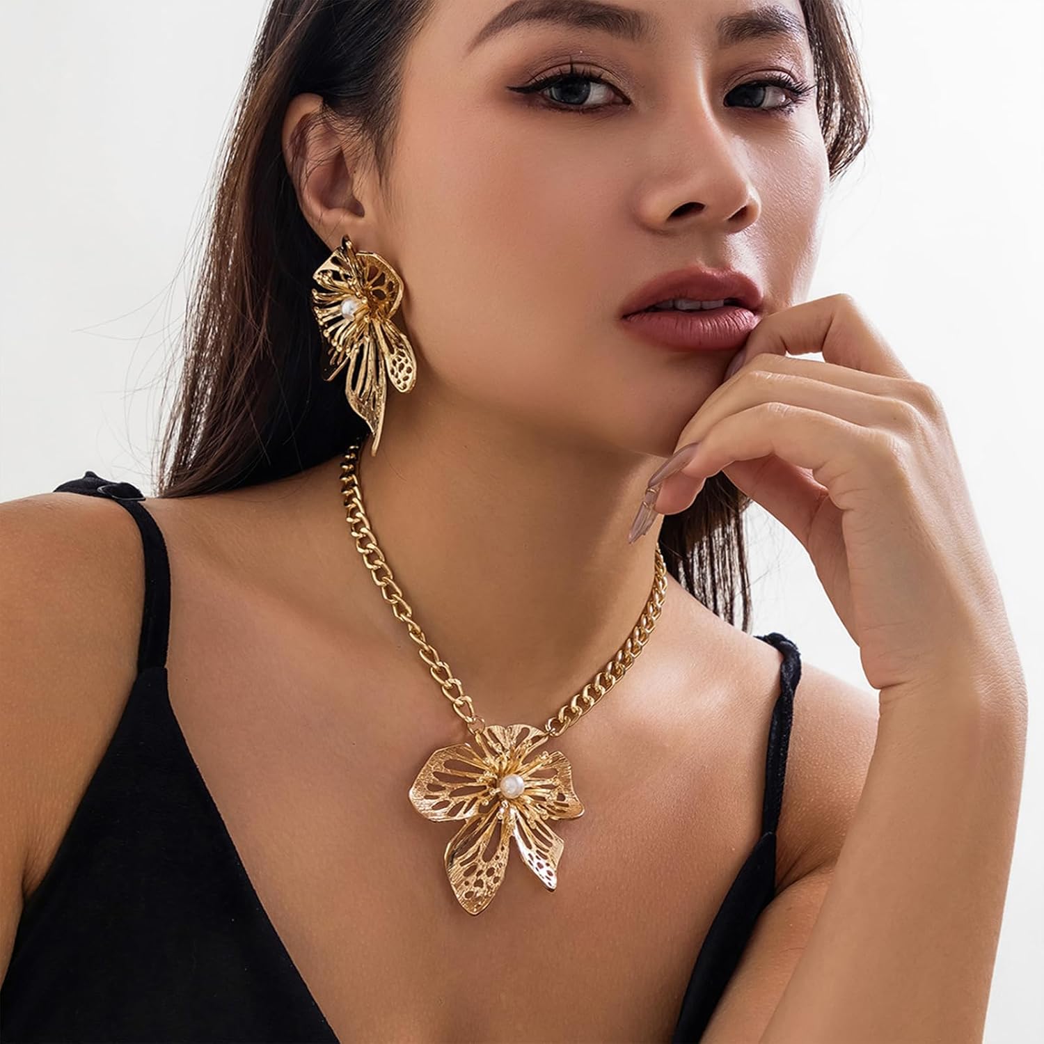 Gold Plated Big Flower Jewelry Set for Women,Unique Punk Cuban Chain Floral Necklace Earrings Striking Evening Banquet Prom Jewelry Gifts - Image 5