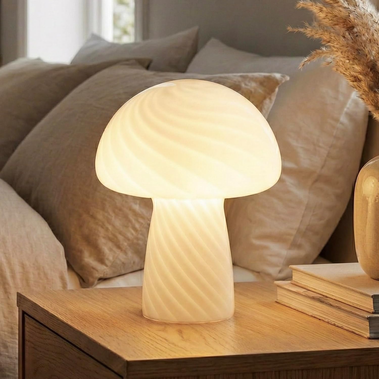 Brightech Mushroom Table Lamp 12.75" - Elegant Modern Glass Lamp for Bedside Tables, Nightstands, Desks, Bookshelves - Cozy Ambient Night Light with Warm White Lamp Living Rooms, Bedrooms - White