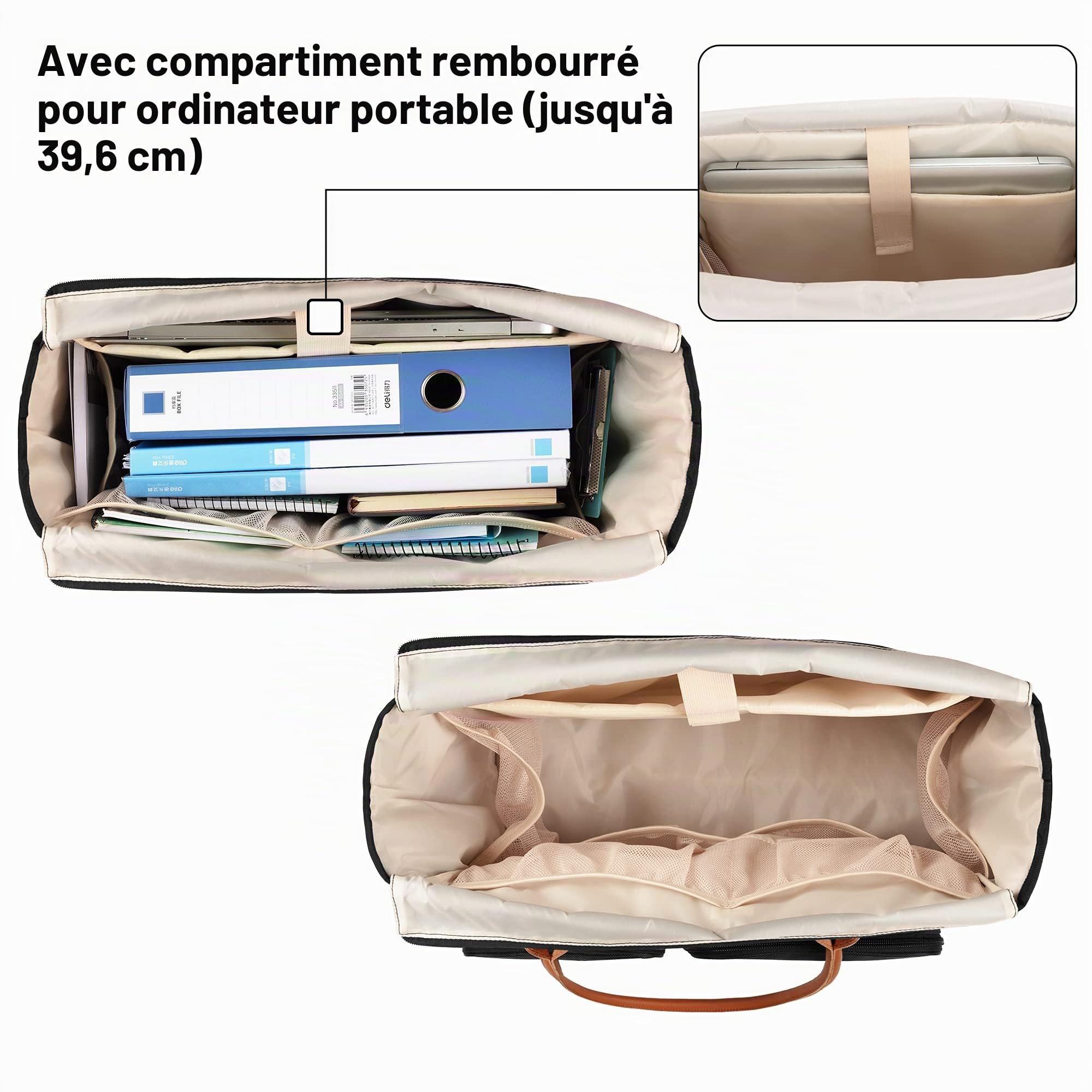 CURMIO Sac de Transport pour Femme, Sac de Travail pour Enseignant, Pochette Rembourrée pour Ordinateur Portable, Idéal pour Professeurs, Noir (Sac Vide)