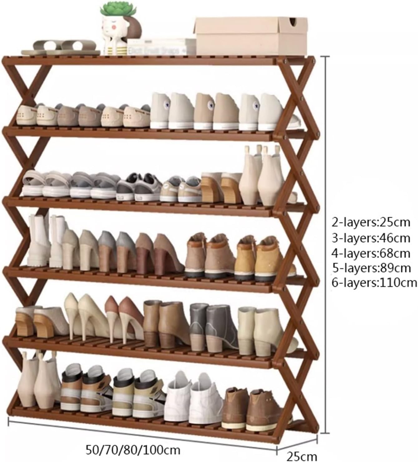 Foldable Shoe Rack, Durable Bamboo Shoe Rack Organizer, X-Shape Structure Free Standing Shoe Storage Shelf for Entryway Closet Shoe Rack Organization Shelves(Size:6-Layers 70cm) (Natural 3)