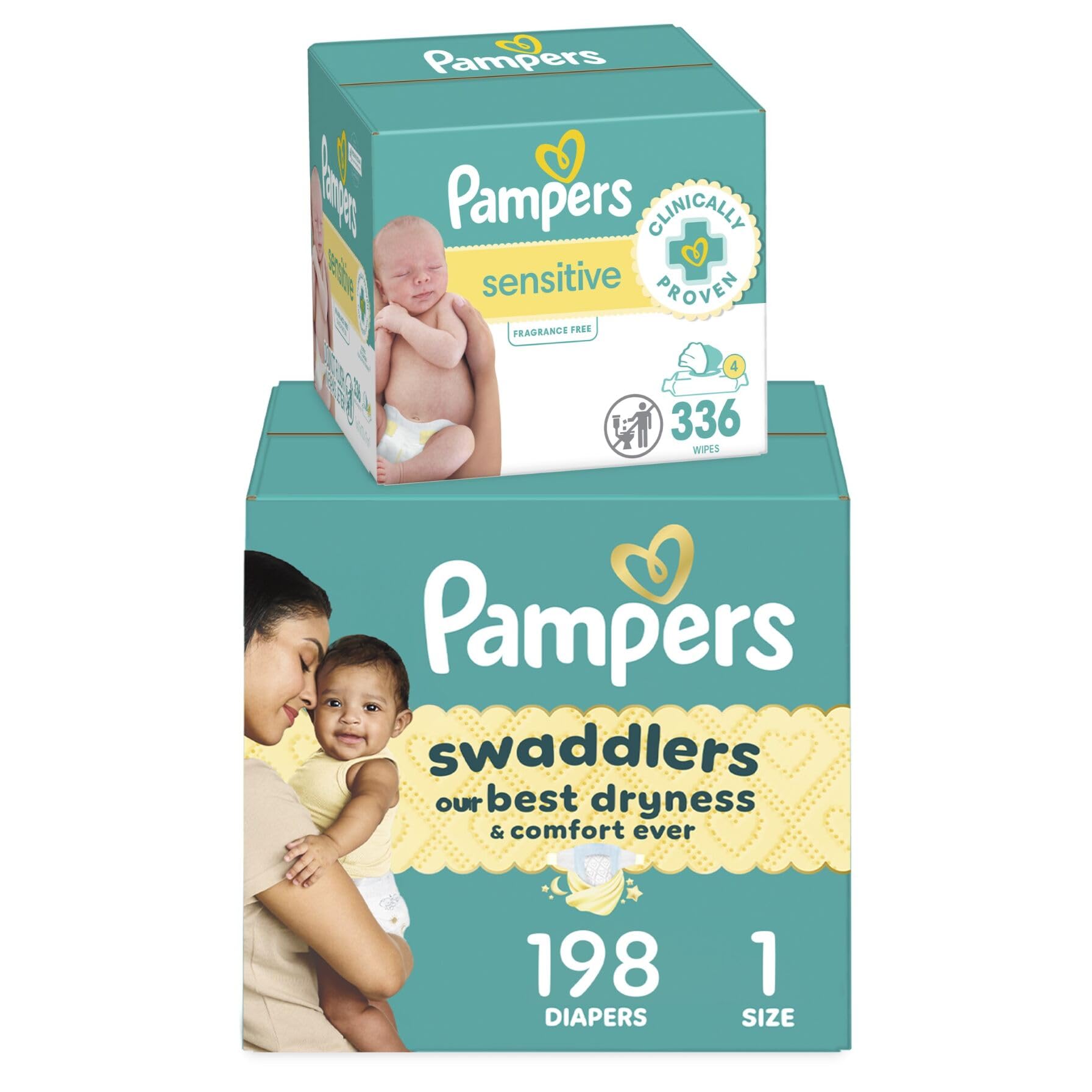 Pampers Swaddlers Disposable Baby Diapers Size 1, 198 Count with Sensitive Water Based Baby Wipes 4X Pop-Top Packs (336 Count)