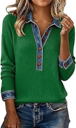 Denim Collar Sweater, Sweater with Denim Collar and Cuffs, Casual Office Work Shirt