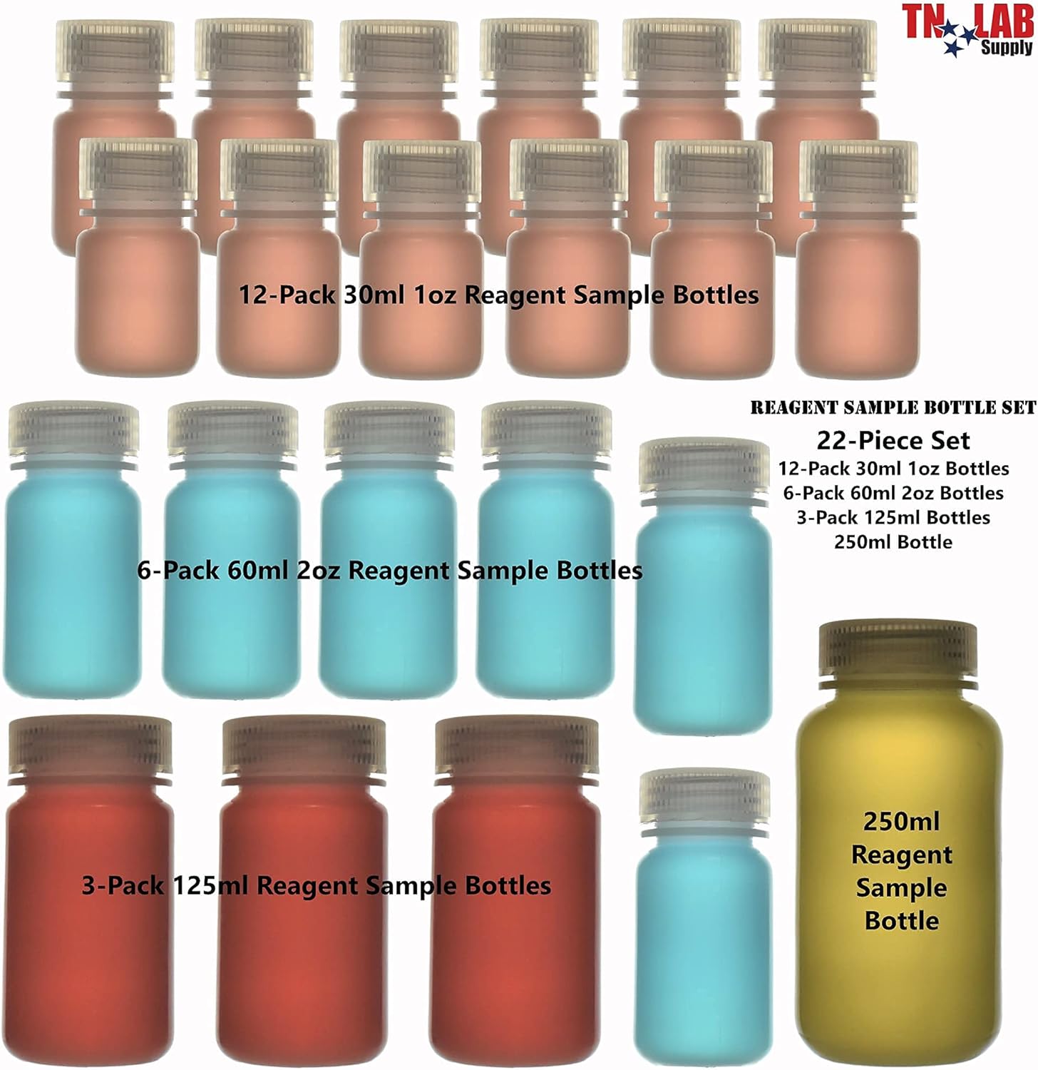 TN LAB Reagent Sample Storage Polypropylene Bottle SET 4-Sizes 30ml 60ml 125ml 250ml 22-Bottles Total : Industrial & Scientific