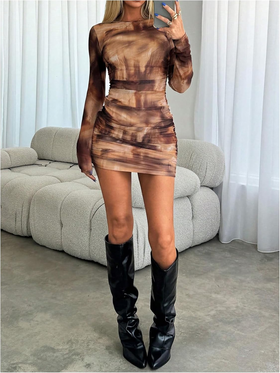 SOLY HUX Women's Long Sleeve Bodycon Mini Dress Tie Dye Party Pencil Dresses Night Out Outfits - Image 4