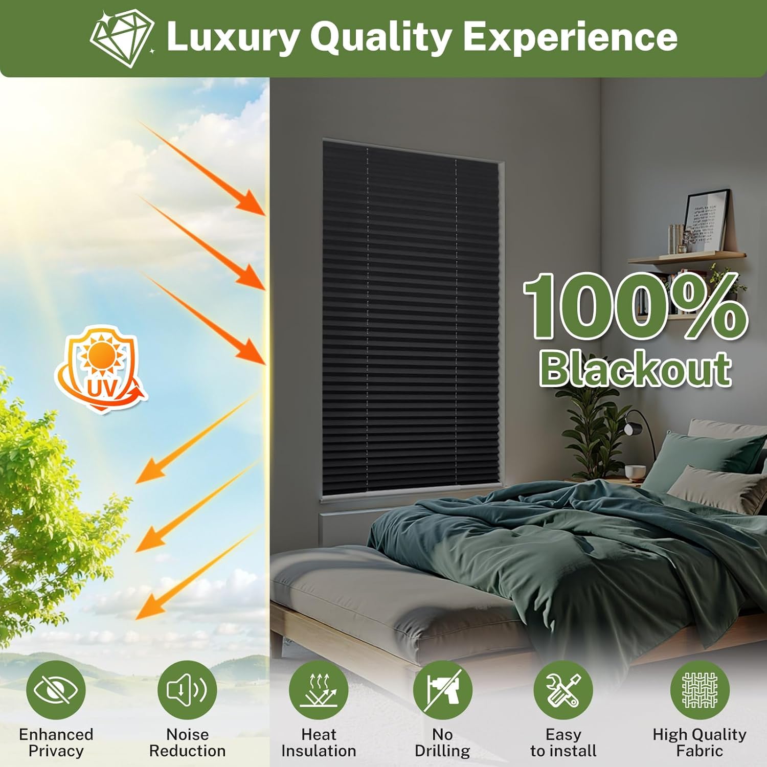 MiLin Cordless Pleated Window Shades No Drill Adjustable Bottom, Temporary Fabric Pleated Blinds for Indoor Windows with Tools Cut Size Stick On Blinds for Home (Blackout Black, 30" W x 63" H),2 Pack