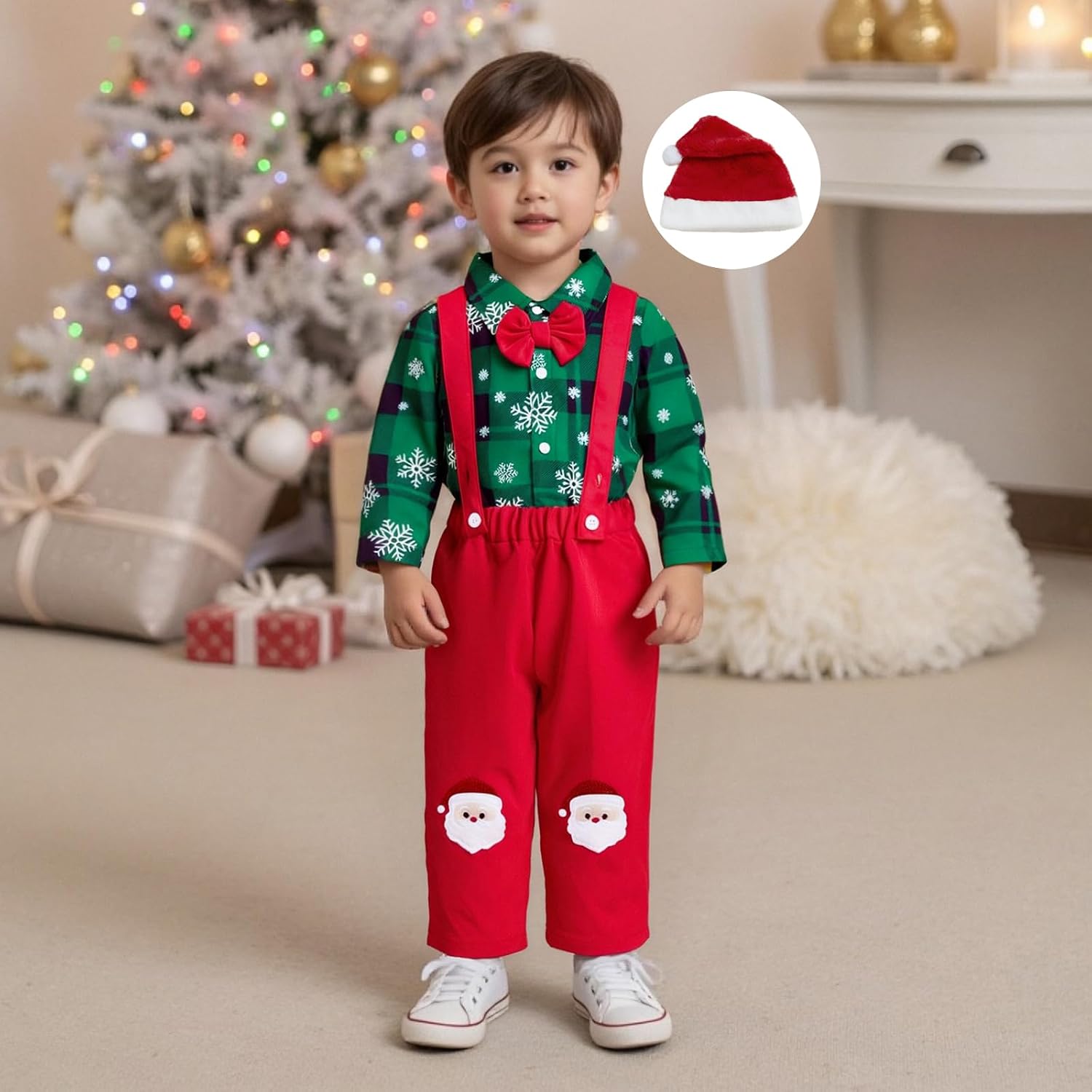 Giraropa My First Christmas Baby Boy Outfit Plaid Romper Sweater Sweatsuit Long Sleeve Suspender Overalls 3Pcs Pants Hat Set