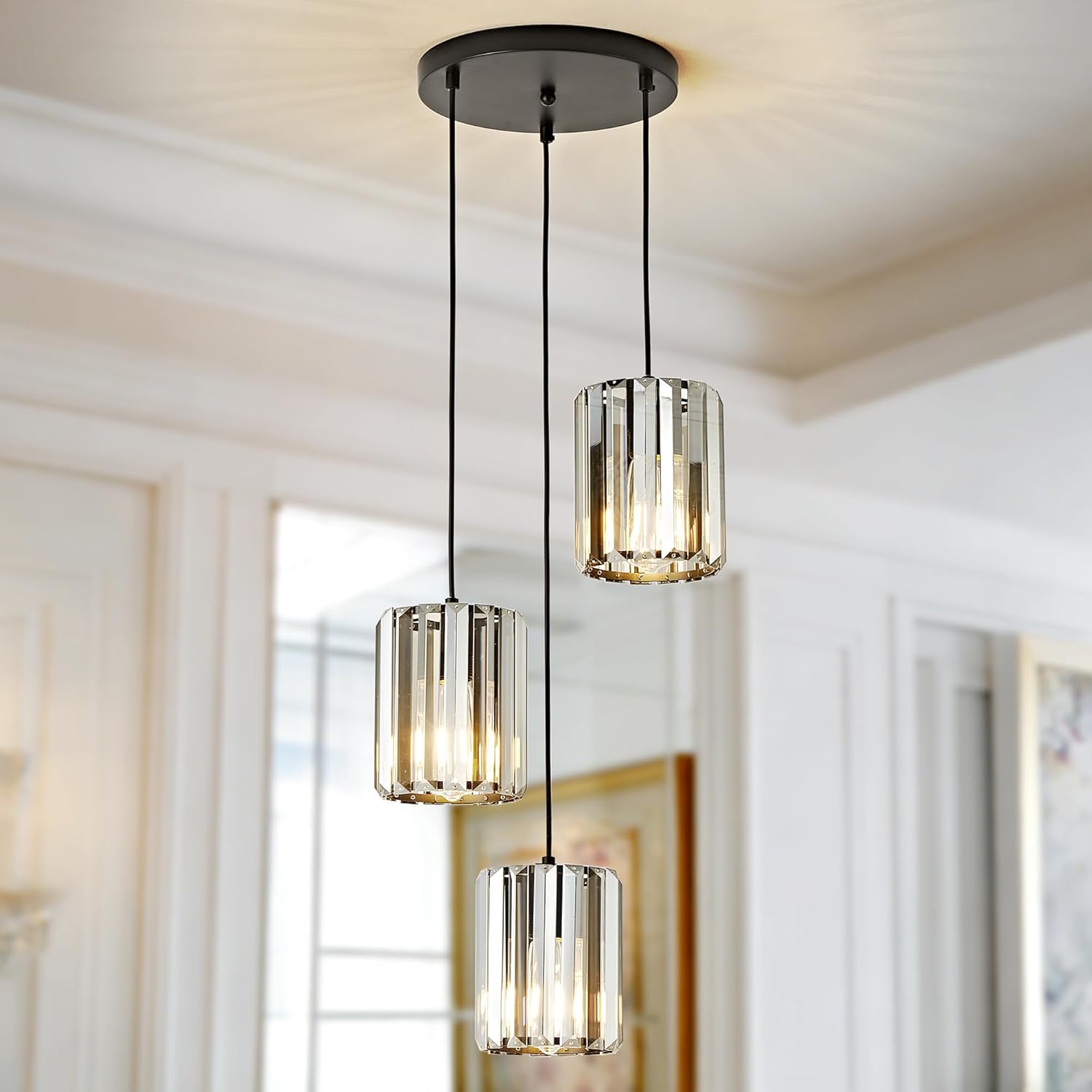 OKELI Black Crystal Chandelier Ceiling Lights, 3-Light Crystal Hanging Pendant Light for Kitchen Island, Adjustable Round Flush Mount Chandeliers for Dining Room, Foyer, Entryway