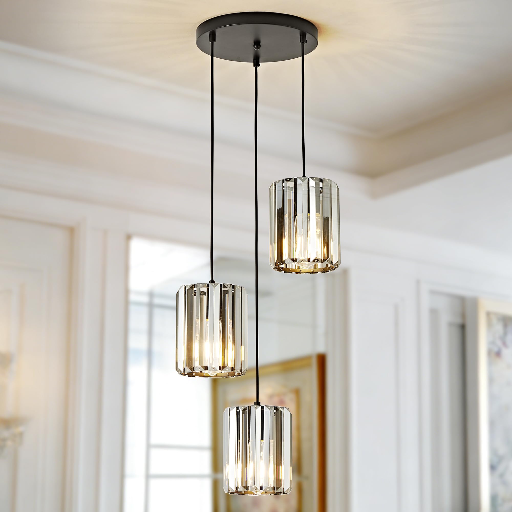 View 1 of ***BROKEN*** OKELI Black Crystal Chandelier Ceiling Lights, 3-Light Crystal Hanging Pendant Light for Kitchen Island, Adjustable Round Flush Mount Chandeliers for Dining Room, Foyer, Entryway
