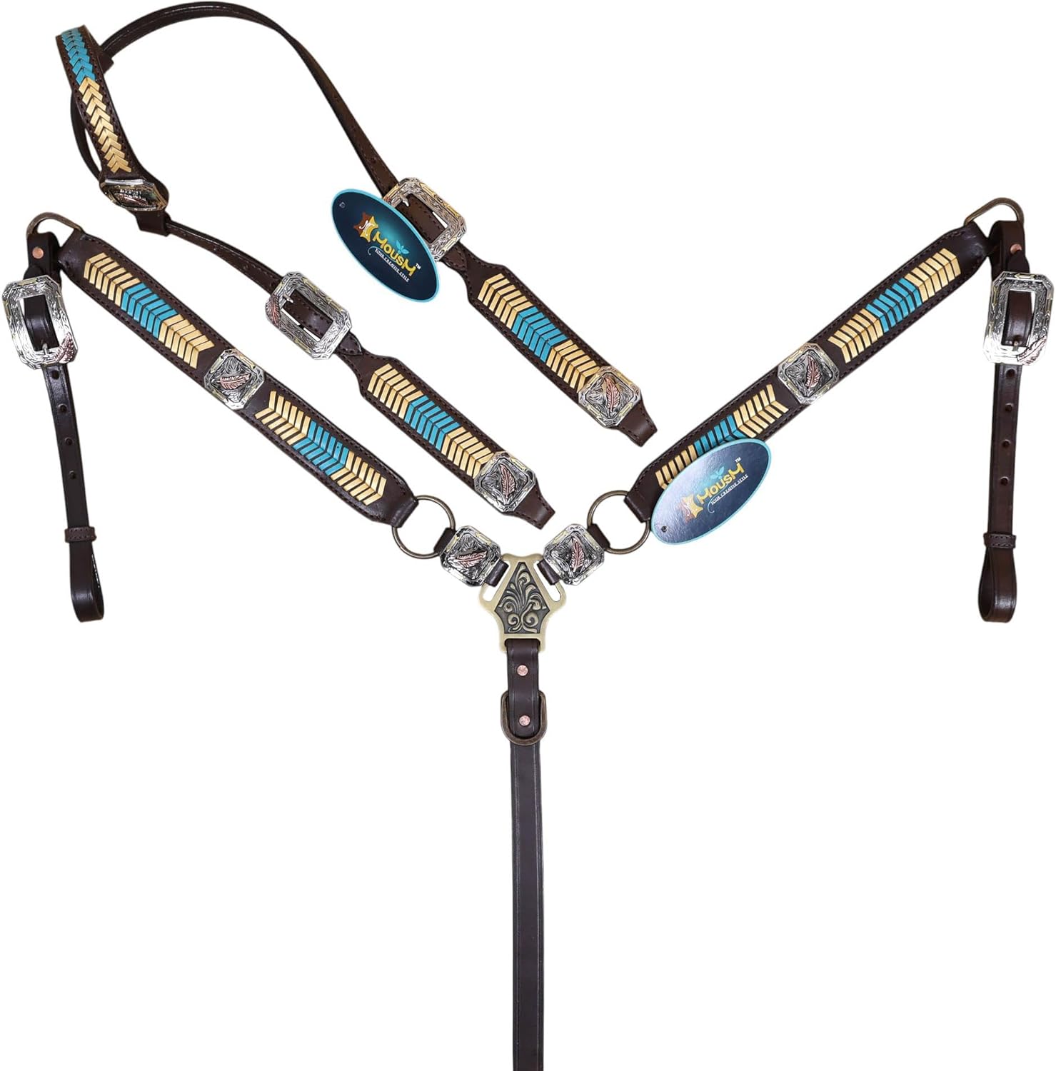 Western Leather Headstall Tack Set for Horse – Golden & Turquoise Arrow Braiding with 3-Tone Feather Conchos – Antique Brass Hardware – Argentina Cowhide