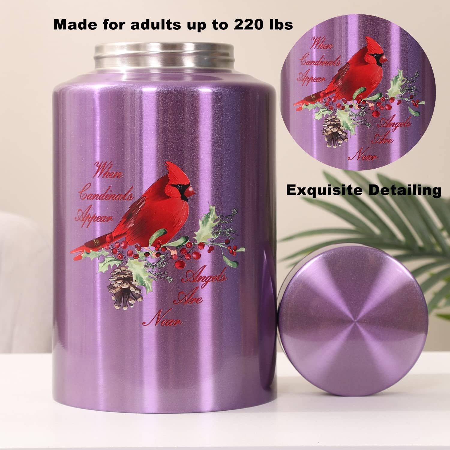 Urns for Human Ashes Adult Female Up to 220 lbs,Purple Cardinal Urn for Mom Ashes with Velvet Bag,Decorative Urns for Ashes Adult Women,Cremation urn Female (Cardinal, Purple)