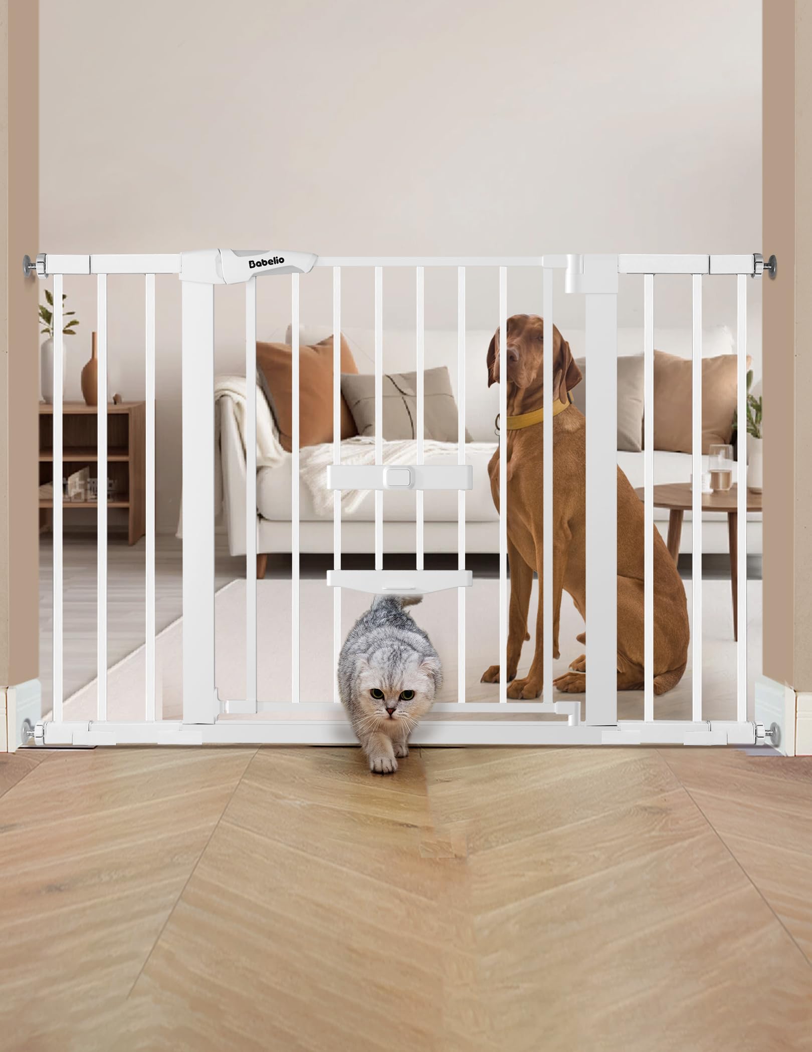 BABELIO 29-48" Extra Wide Baby Gate with Cat Door,Auto Close Metal Pet Door for Stairs, Doorways, House, Pressure/Hardware Mounted, Easy Walk Thru, White