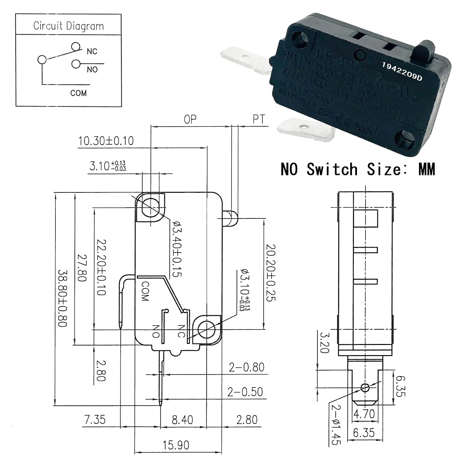 MQS-216T Micro Switch (Pack of 3) - 16A 250VAC - Compatible with Wolf, Jenn-Air, GE, Samsung, LG Gas Ranges & Electric Stoves - Replaces W10434452, WH01X27954, 313L5501, 3149400, WB30T10126
