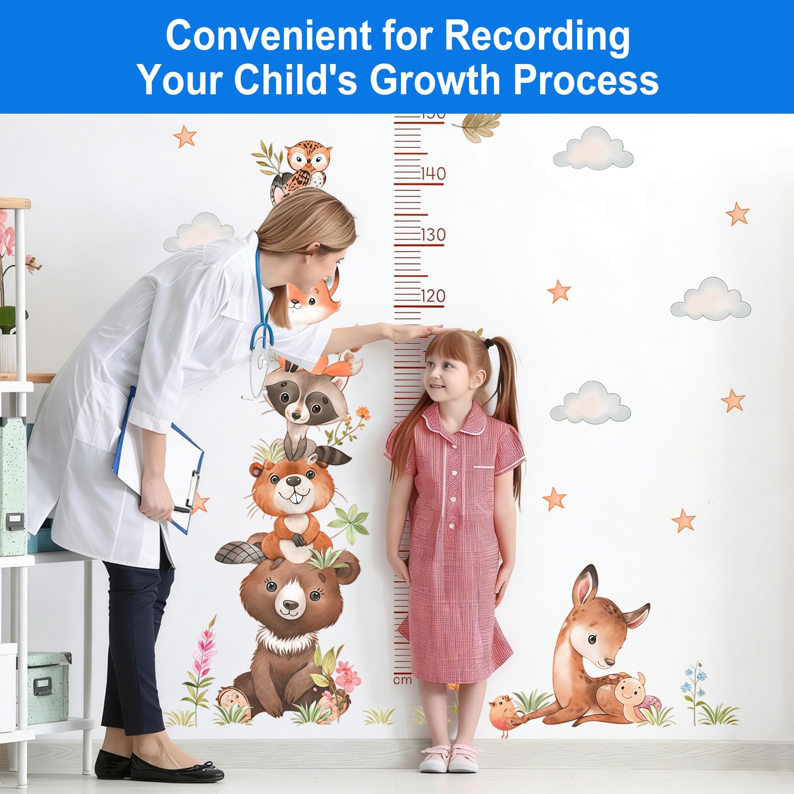 Sticker mural pour enfants - Motif animaux - Taille 60 à 160 cm - Toise adhésive - Étanche - Animaux de la forêt - Tableau mural - Toise - Toises de mesure pour chambre de bébé et enfant
