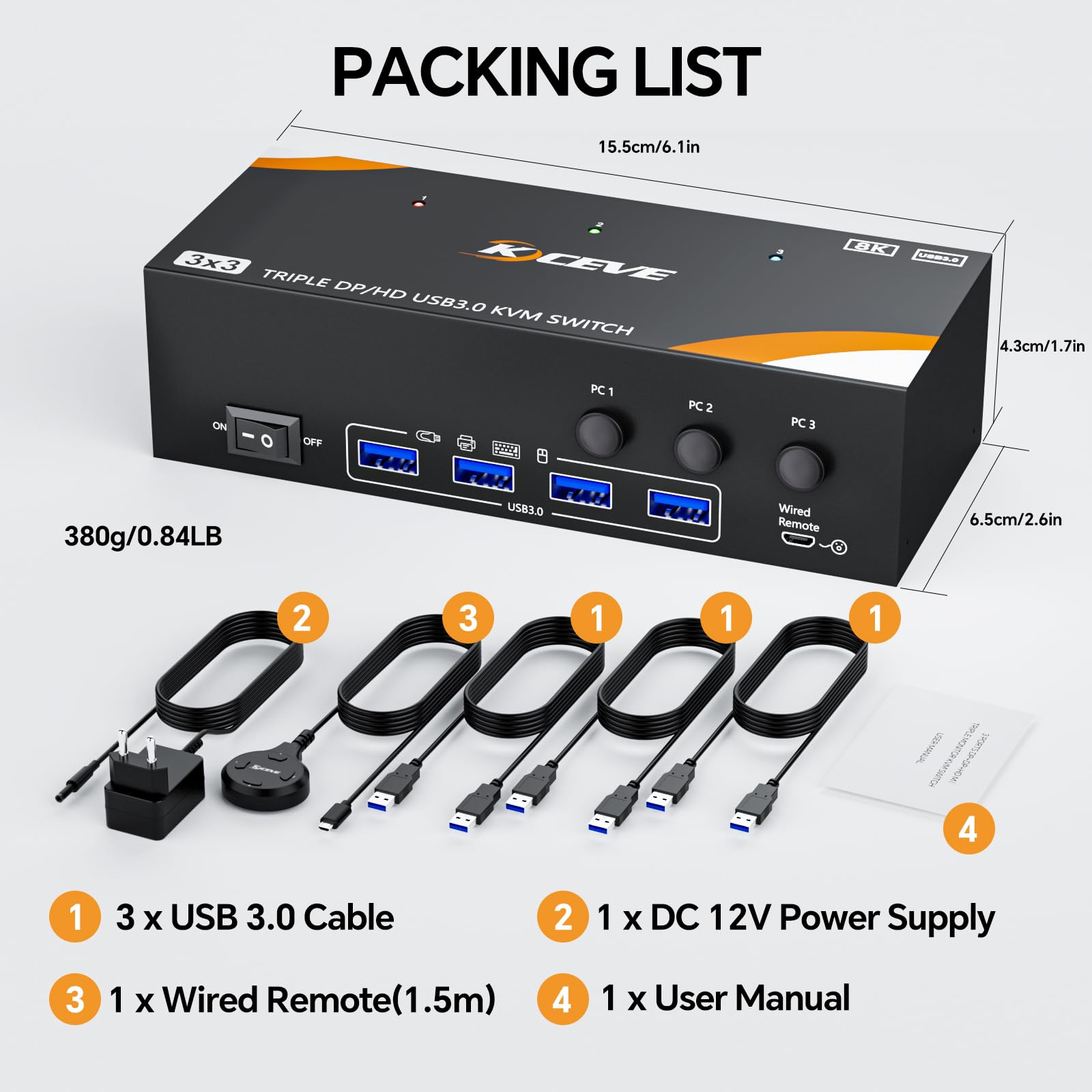 KVM Switch 3 PC 3 Moniteurs 8K@60Hz / 4K@144Hz, DisplayPort 1.4 HDMI 2.1 USB 3.0 KVM Switch Triple Monitor pour 3 PC Partage Souris, Clavier, Wired Remote(8K HD DP 3 in 3 out KVM)