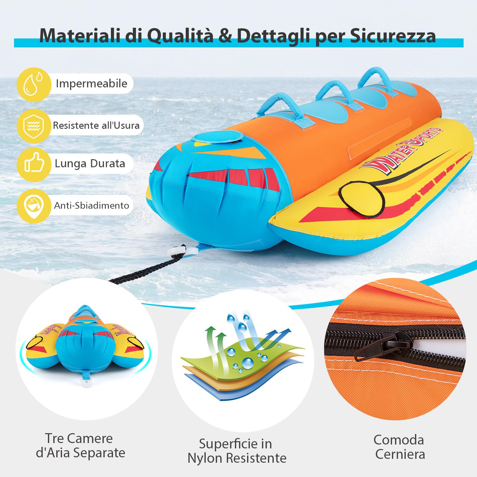 COSTWAY Gommone a Banana Gonfiabile 3 Persone Tubo Trainabile Sport Acquatici Carico Massimo 231 kg