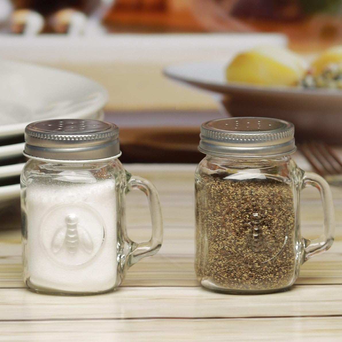 Circleware Honey Bee Mason Jar Mug Salt and Pepper Shakers with Glass Handles and Metal Lids, Set of 2, 5 oz: Home & Kitchen