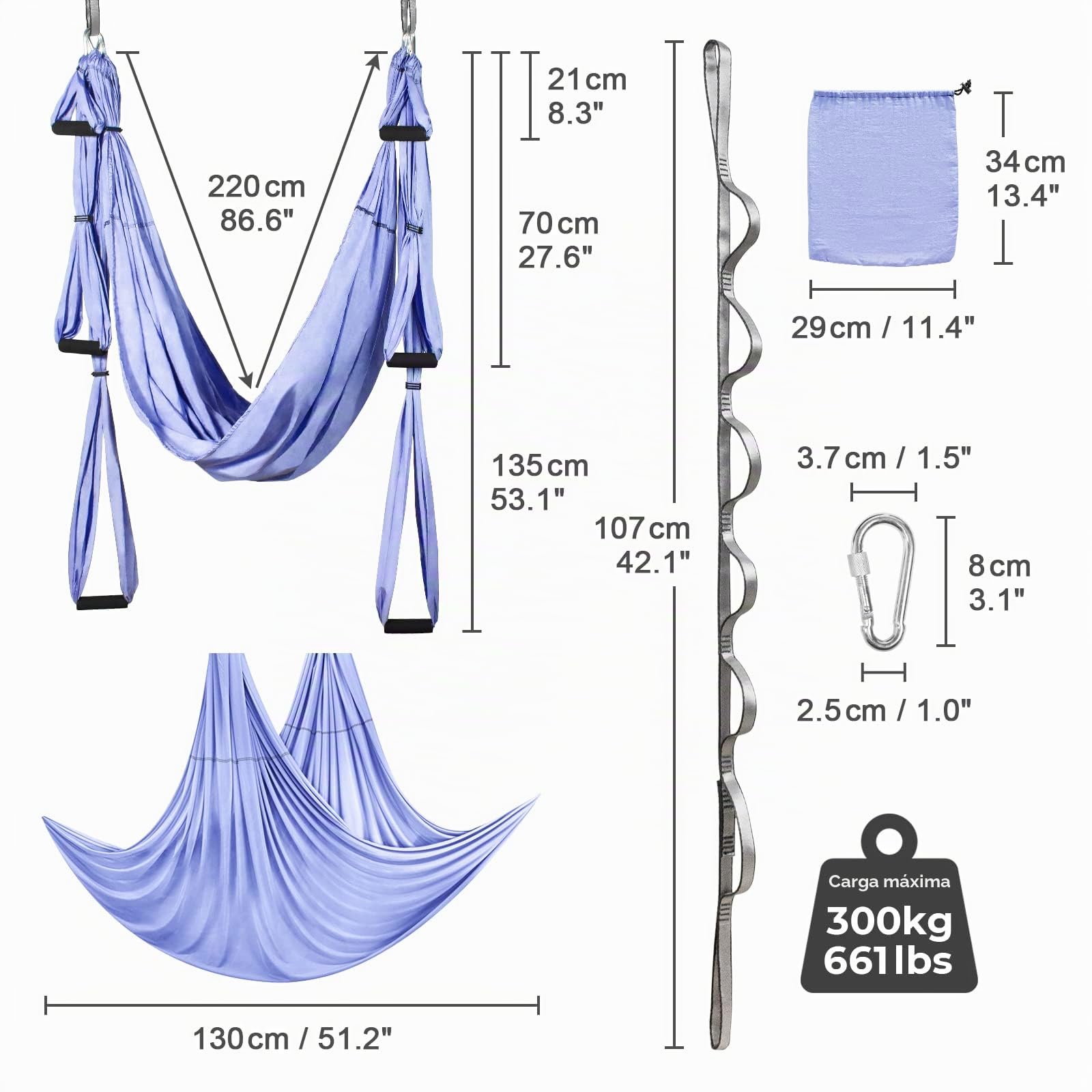 Leogreen Aerial-Yoga-Hängematte mit Befestigungsset, Hellviolett | Capacidad 300 kg Columpio Yoga Inversión Hamaca para Yoga Anti-gravedad, Nylon Tafetán