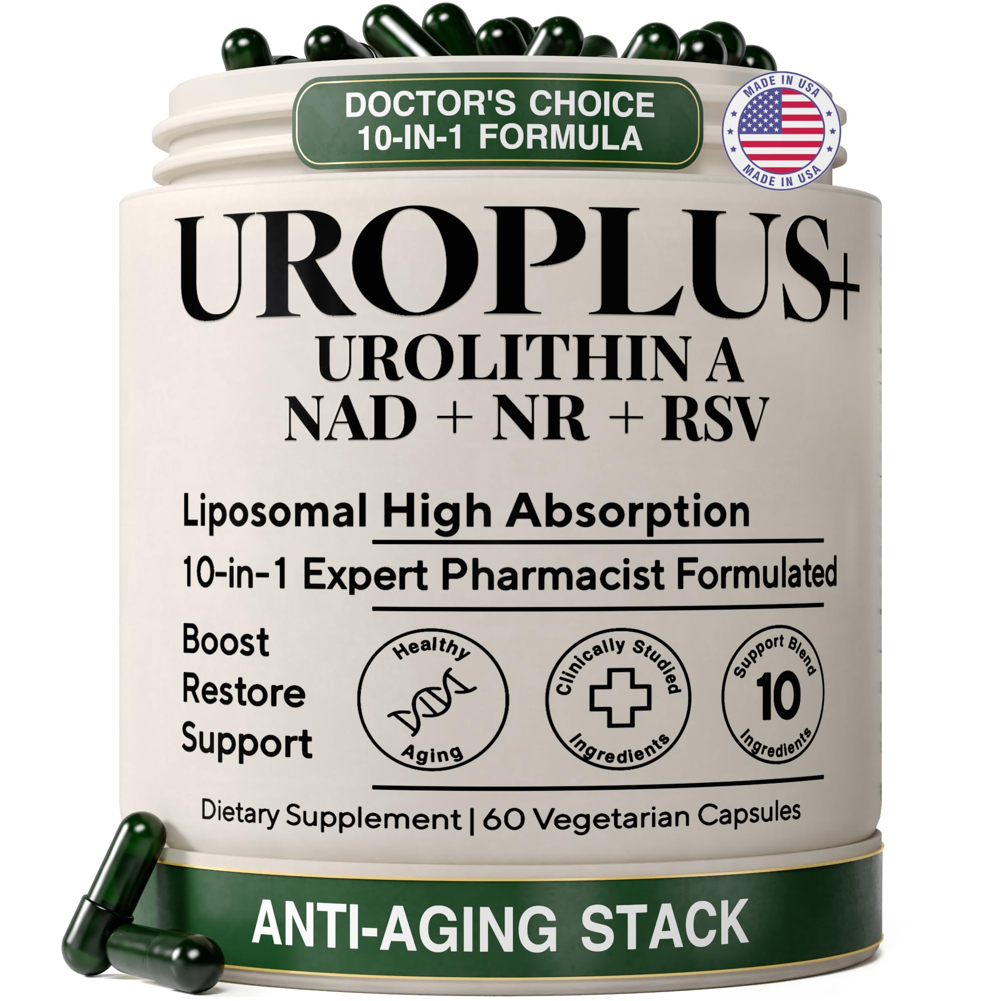 Liposomal Urolithin A Complex, 1250mg 10-in-1 with NAD+, NR, & Resveratrol