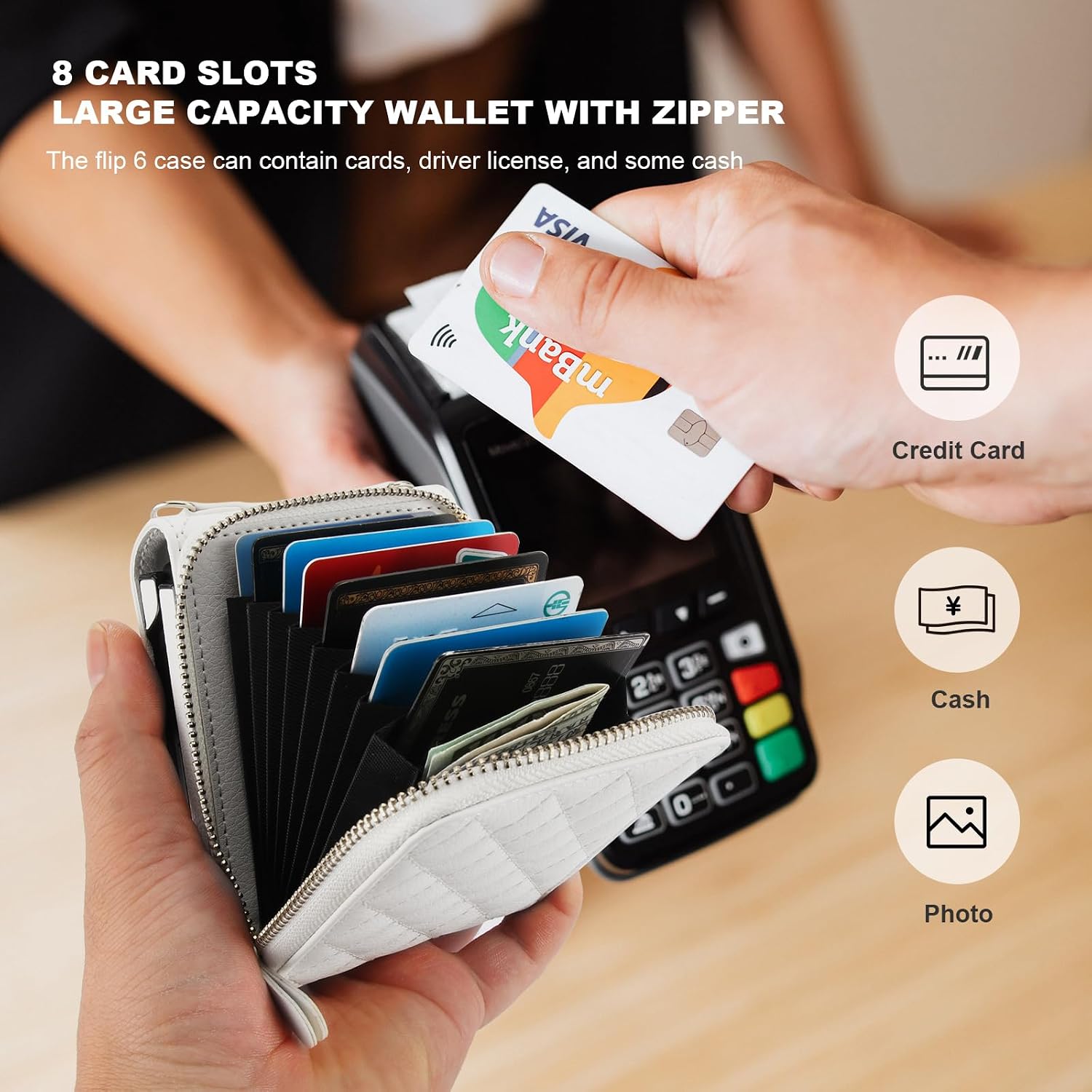 KIHUWEY for Samsung Galaxy Z Flip 6 Wallet Case, Crossbody Zipper Purse with Credit Card Slot Holder RFID Blocking PU Leather Adjustable Lanyard Detachable Strap Wrist for Women（White