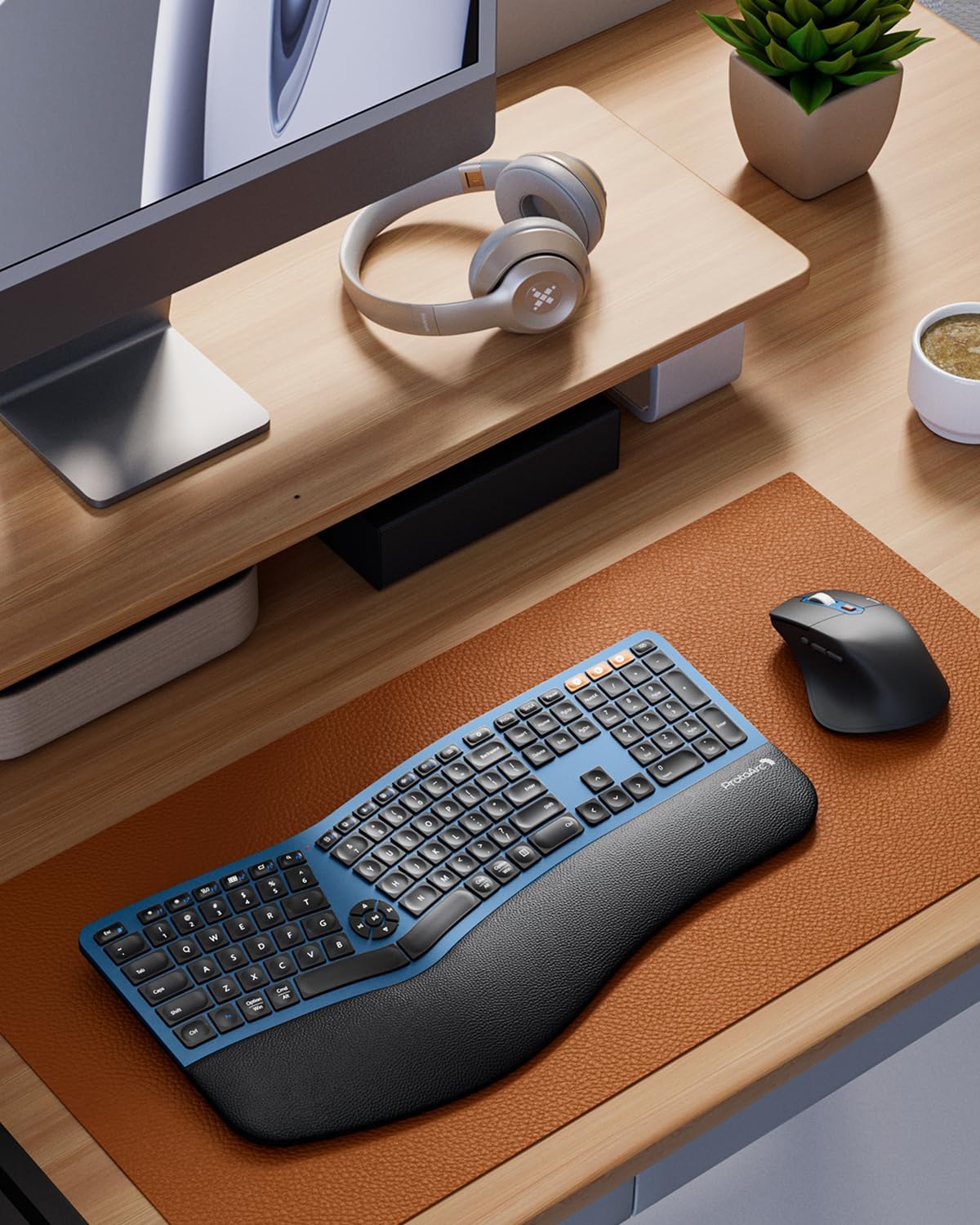 ProtoArc Ergonomic Wireless Keyboard Mouse, EKM01 Plus Full Size Ergo Bluetooth Keyboard Mouse Combo, Split Design, Wrist Rest, Multi-Device, Rechargeable, for Windows/Mac OS - Blue