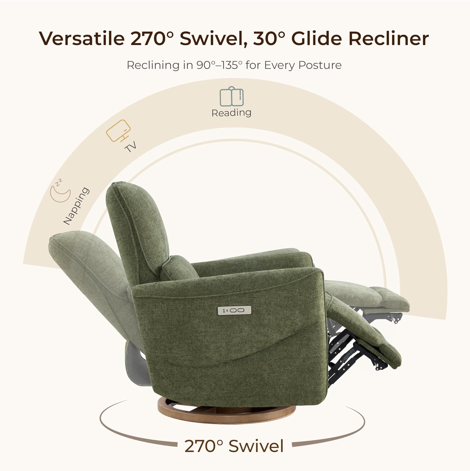 CHITA Power Nursery Rocking Chair, Swivel Glider Recliner Chair with Solid Wood Base, Bulit-in USB & Type-C Charging Ports for Living Room, FSC Certified, Moss Green