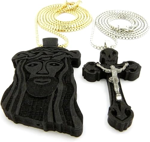 Miniatura 2 de Jesús Cara, colgante de la Cruz de madera con 2 mm 24," 30" Caja Cadena 2 Collar Set Jet Negro tono