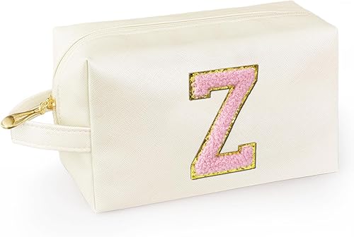 Vista 49 de Bolsa de maquillaje personalizada con inicial y asa, bolsa de cosméticos estilo preppy con bolsillo interior con cremallera, para niñas de 8 a 14